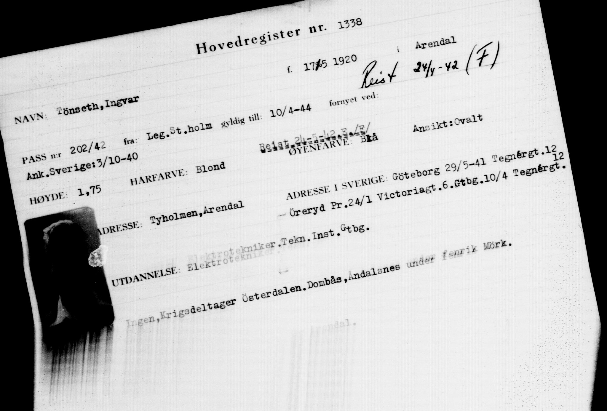 Utenriksstasjonene, Legasjonen i Stockholm, Flyktningkontoret, AV/RA-S-6753/V/Va/L0002: Kjesäterkartoteket, flyktninger med registreringsnr. 1001-2000, 1940-1945, s. 494