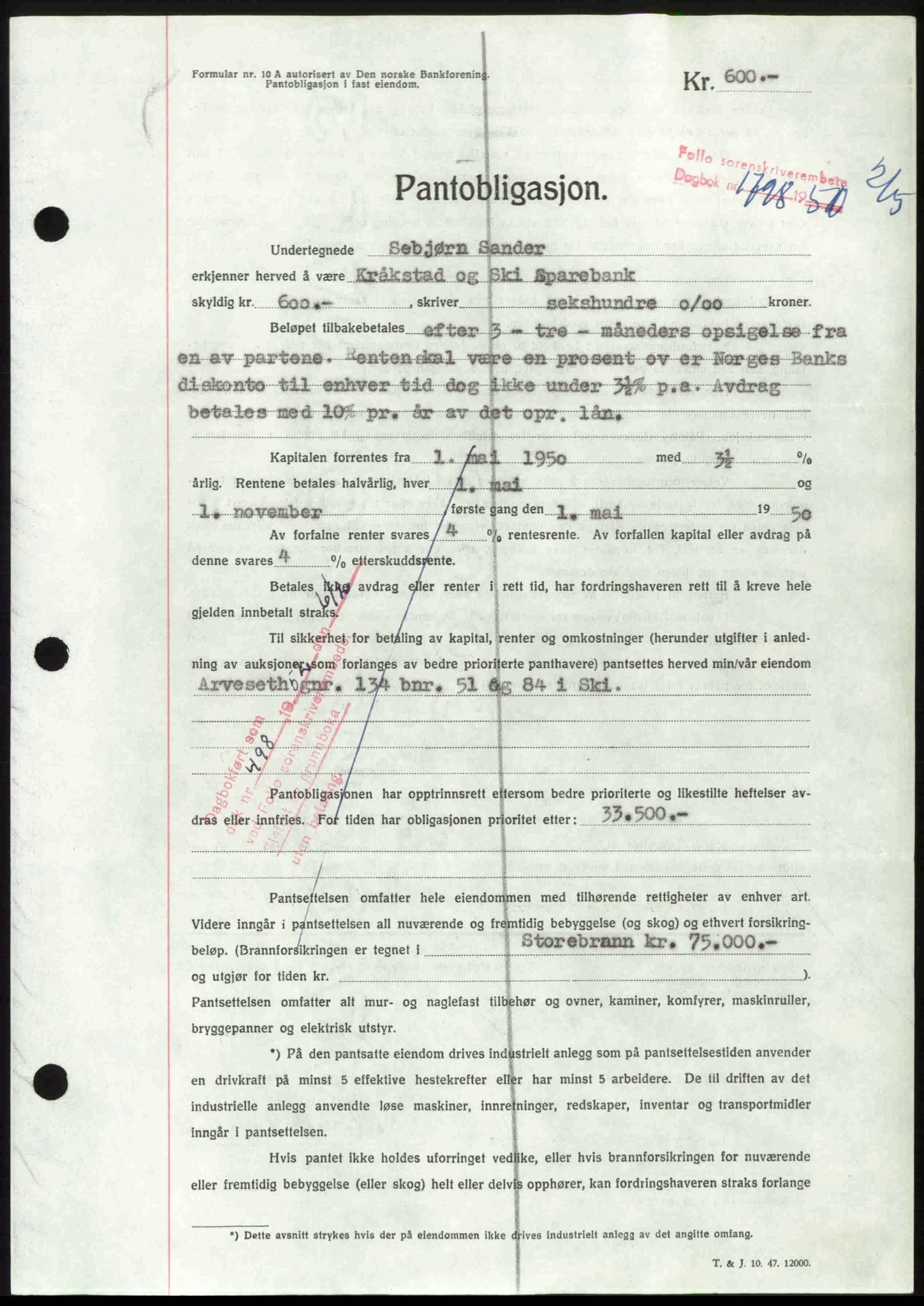 Follo sorenskriveri, SAO/A-10274/G/Ga/Gaa/L0092: Pantebok nr. I 92, 1950-1950, Dagboknr: 1798/1950