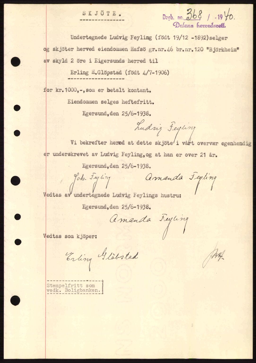 Dalane sorenskriveri, SAST/A-100309/02/G/Gb/L0044: Pantebok nr. A5, 1940-1941, Dagboknr: 368/1940