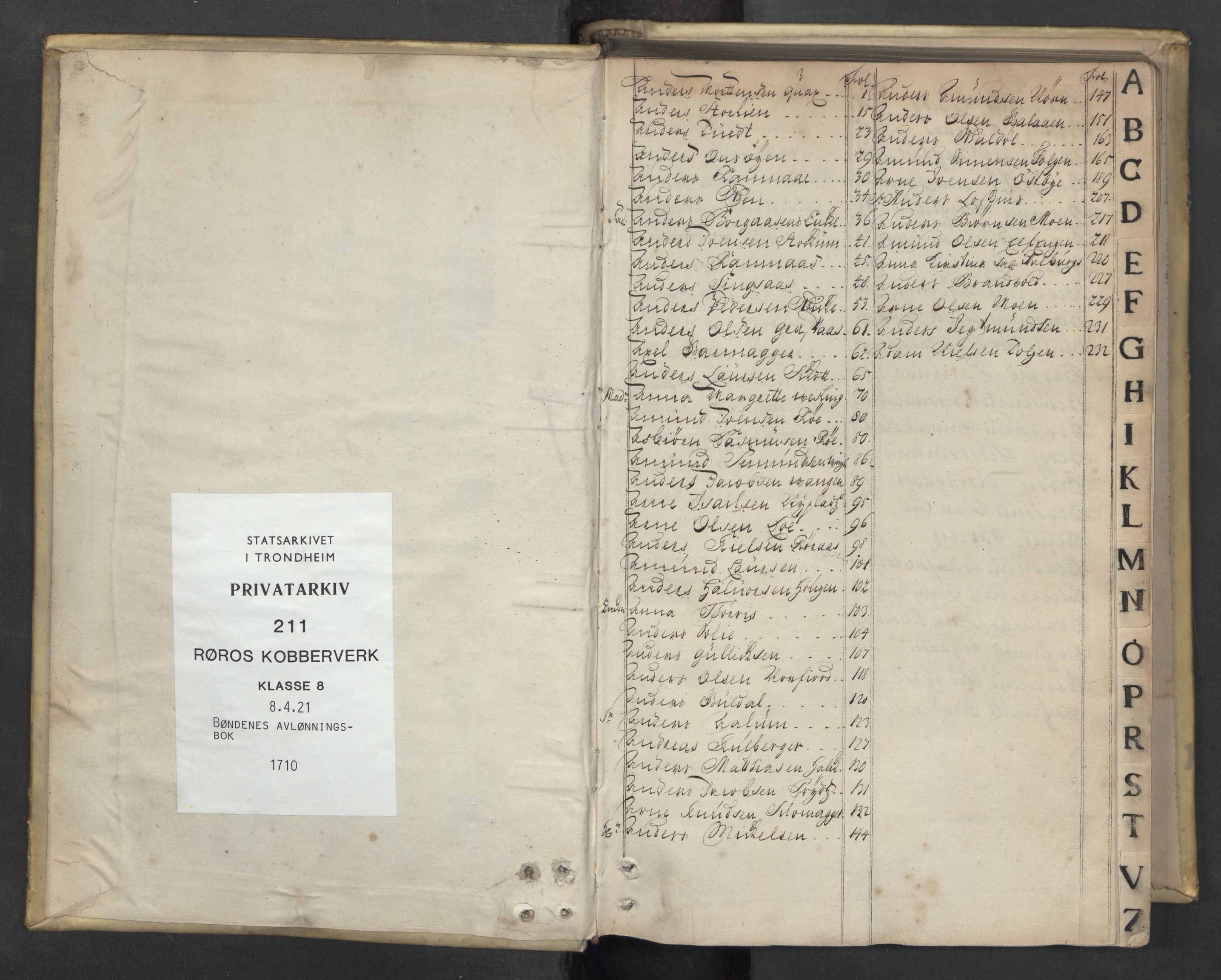 Røros kobberverk, SAT/PA-0211/1/08/L0431: 8.4.21 Bøndenes avlønningsbok, 1710