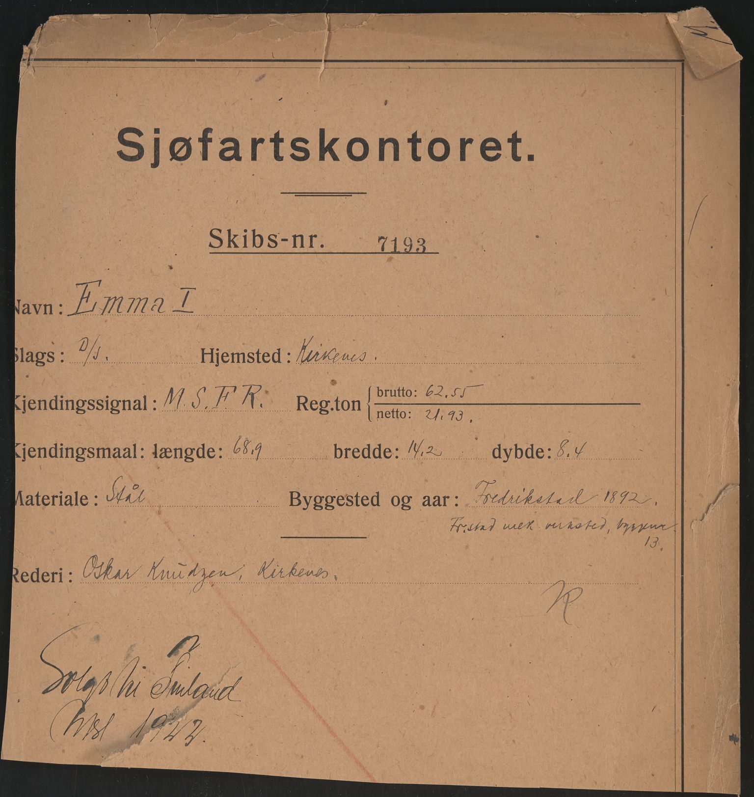 Sjøfartsdirektoratet med forløpere, skipsmapper slettede skip, RA/S-4998/F/Fa/L0295: --, 1862-1929, s. 277