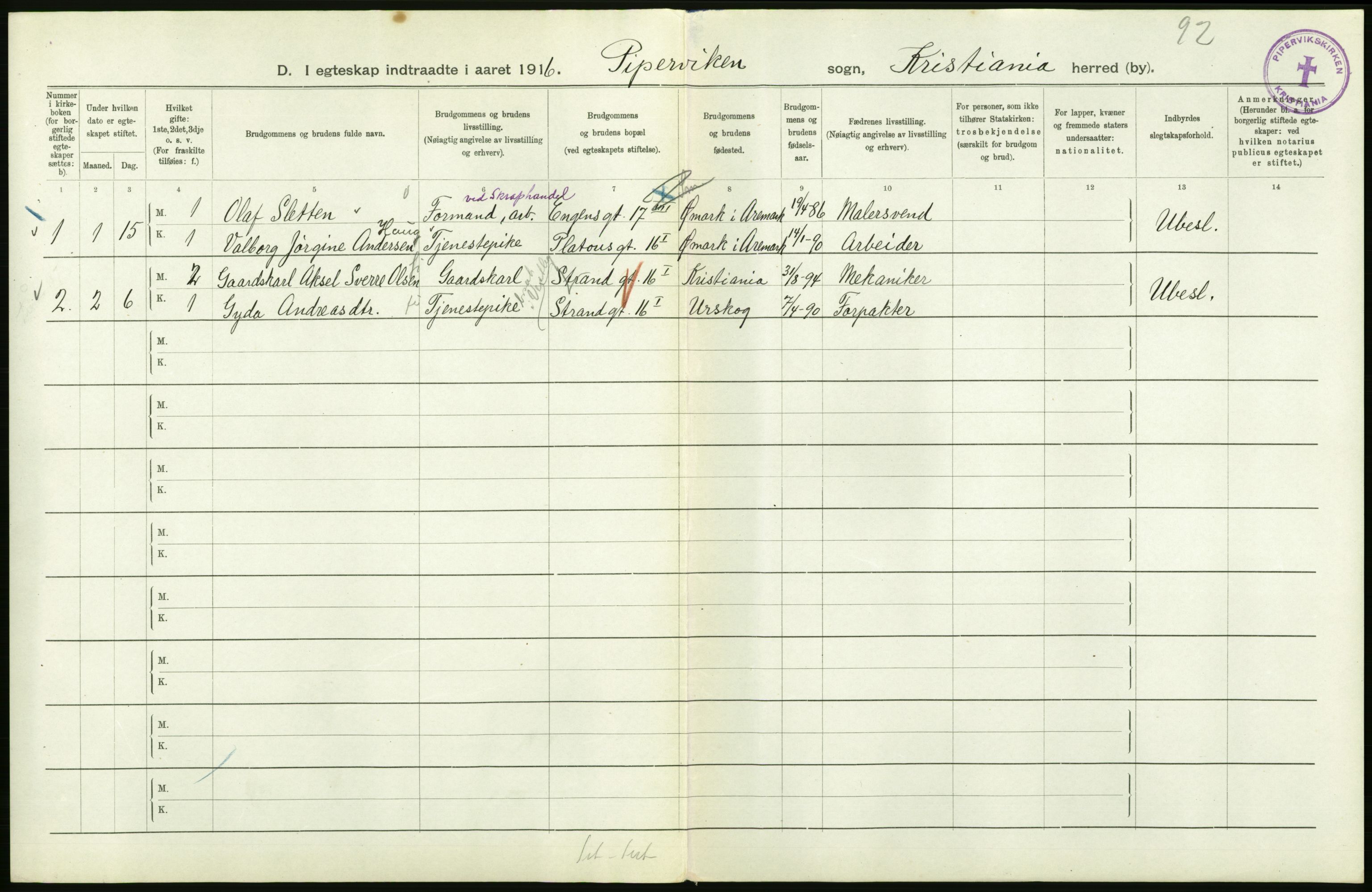 Statistisk sentralbyrå, Sosiodemografiske emner, Befolkning, AV/RA-S-2228/D/Df/Dfb/Dfbf/L0008: Kristiania: Gifte, 1916, s. 902