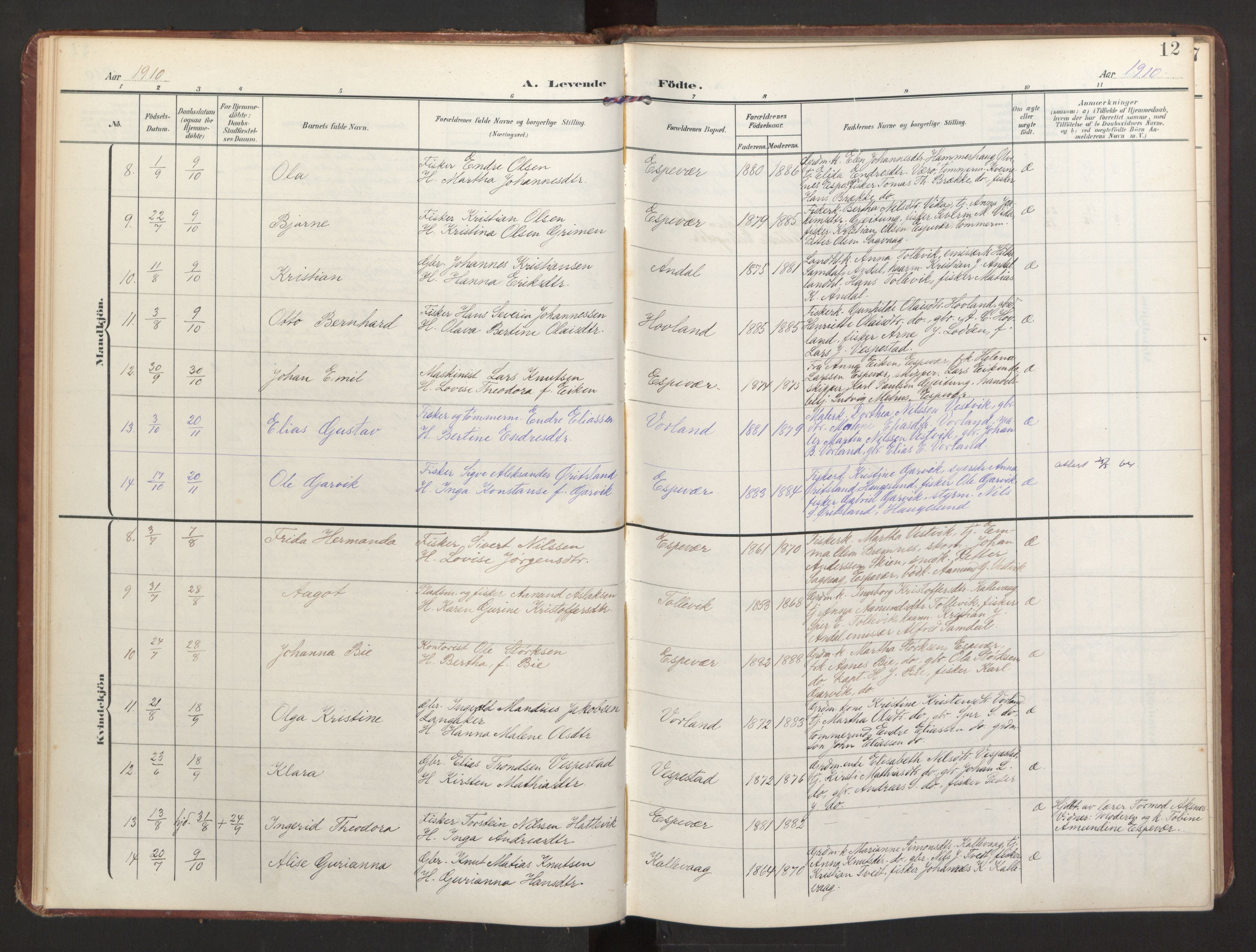 Finnås sokneprestembete, AV/SAB-A-99925/H/Ha/Haa/Haad/L0003: Ministerialbok nr. D 3, 1907-1921, s. 12