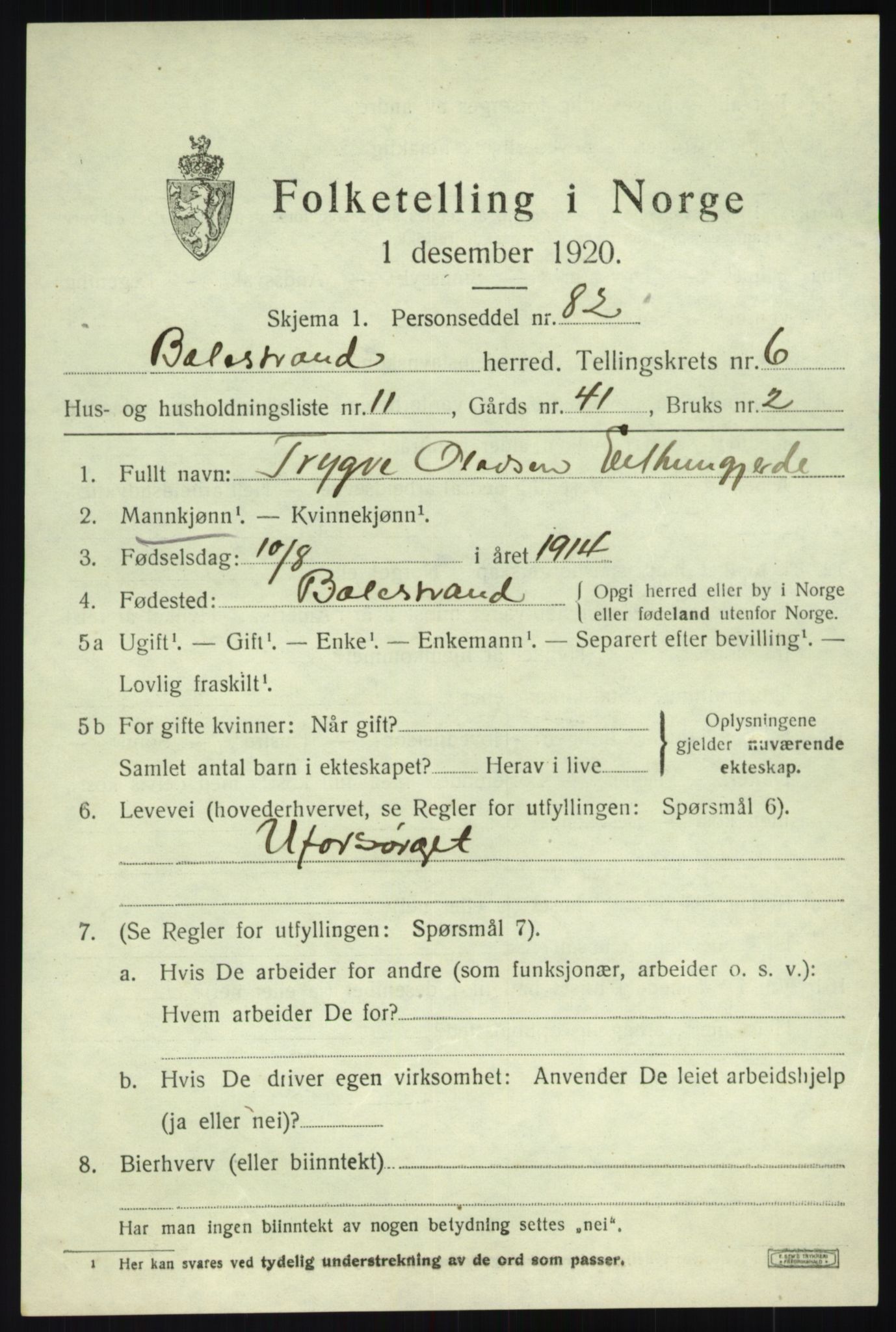 SAB, Folketelling 1920 for 1418 Balestrand herred, 1920, s. 3020