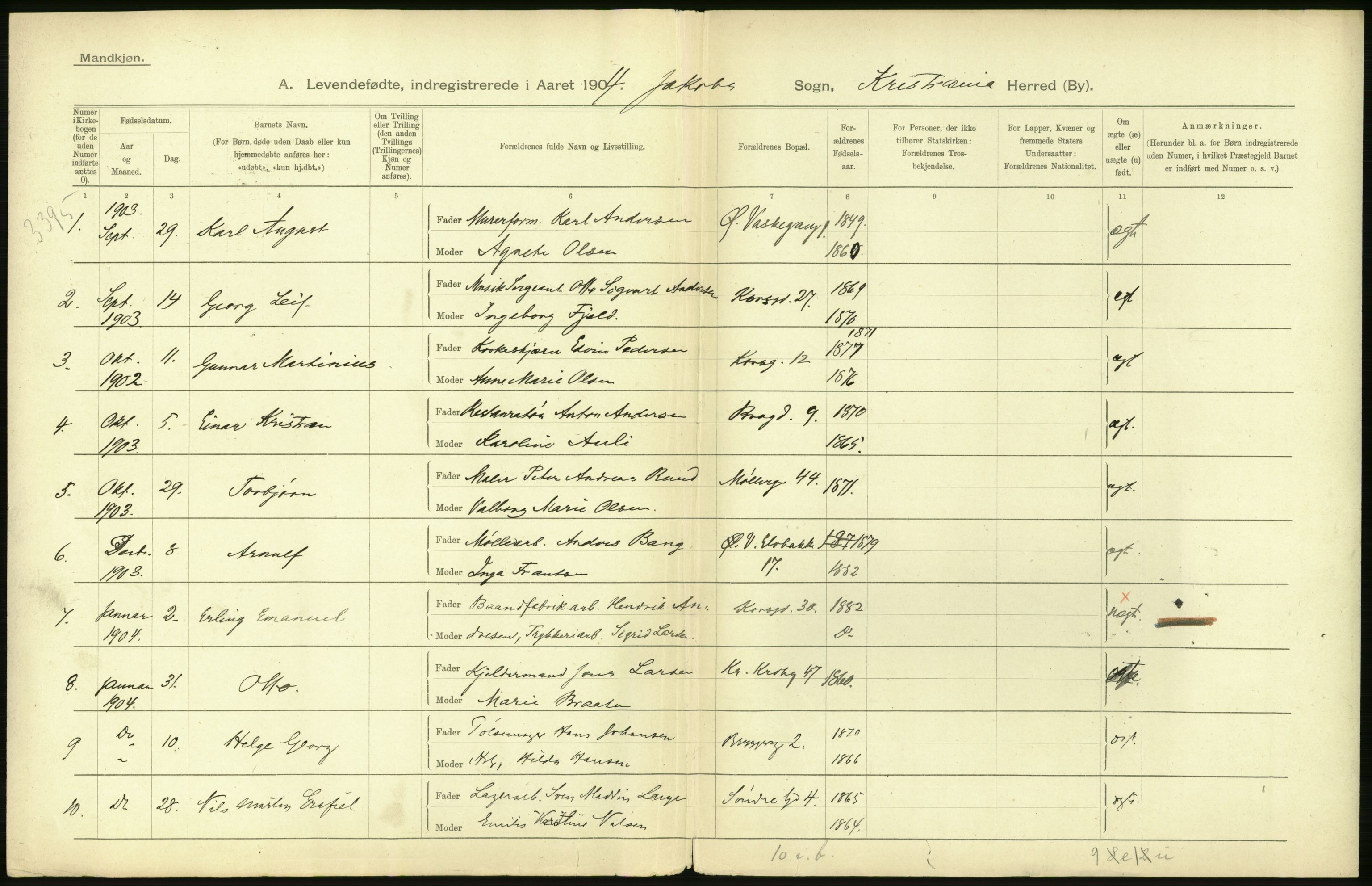 Statistisk sentralbyrå, Sosiodemografiske emner, Befolkning, AV/RA-S-2228/D/Df/Dfa/Dfab/L0003: Kristiania: Fødte, 1904, s. 10