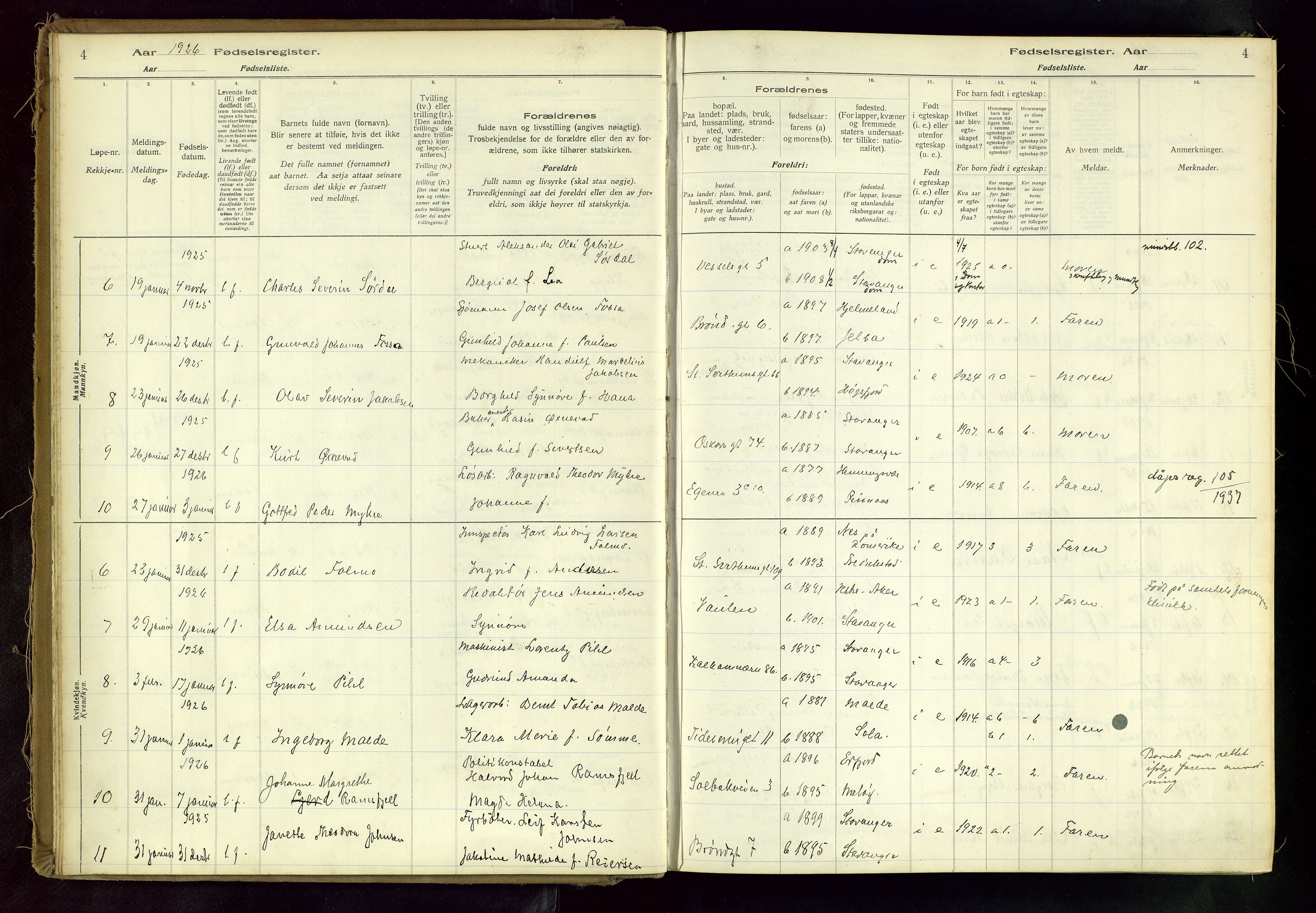 Domkirken sokneprestkontor, SAST/A-101812/002/A/L0001: Fødselsregister nr. 1, 1925-1932, s. 4