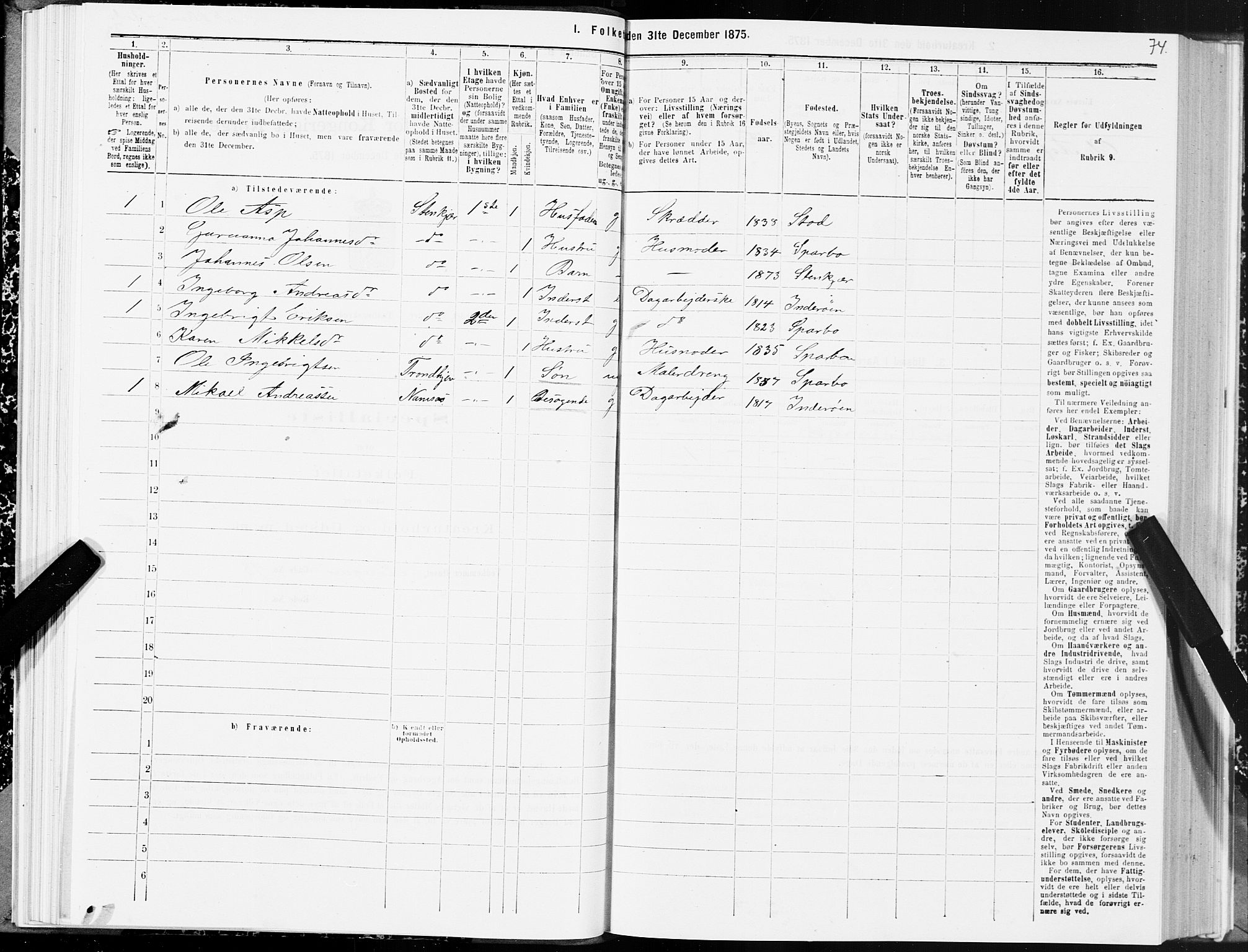 SAT, Folketelling 1875 for 1702B Steinkjer prestegjeld, Steinkjer ladested, 1875, s. 74