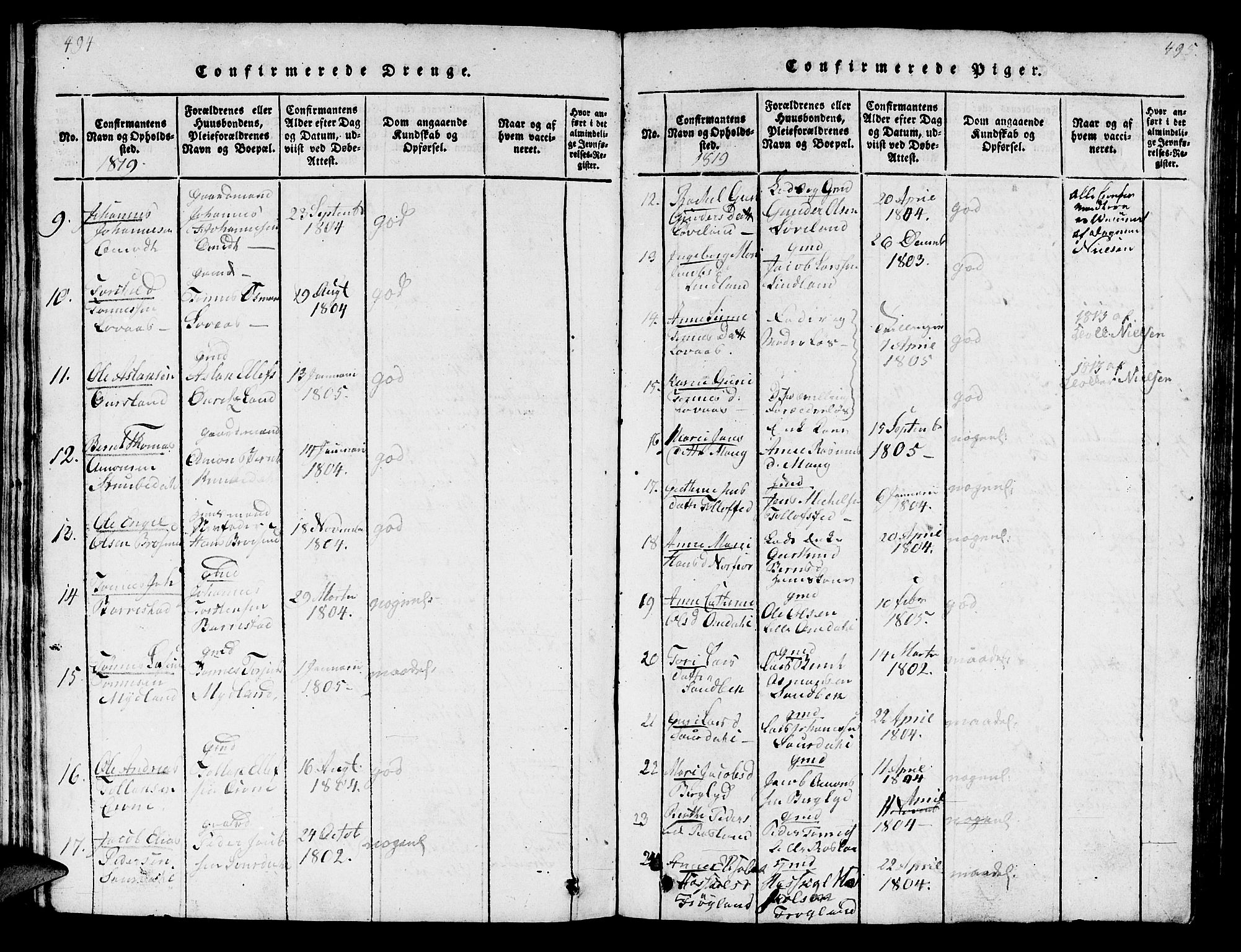 Sokndal sokneprestkontor, AV/SAST-A-101808: Ministerialbok nr. A 6, 1815-1826, s. 494-495