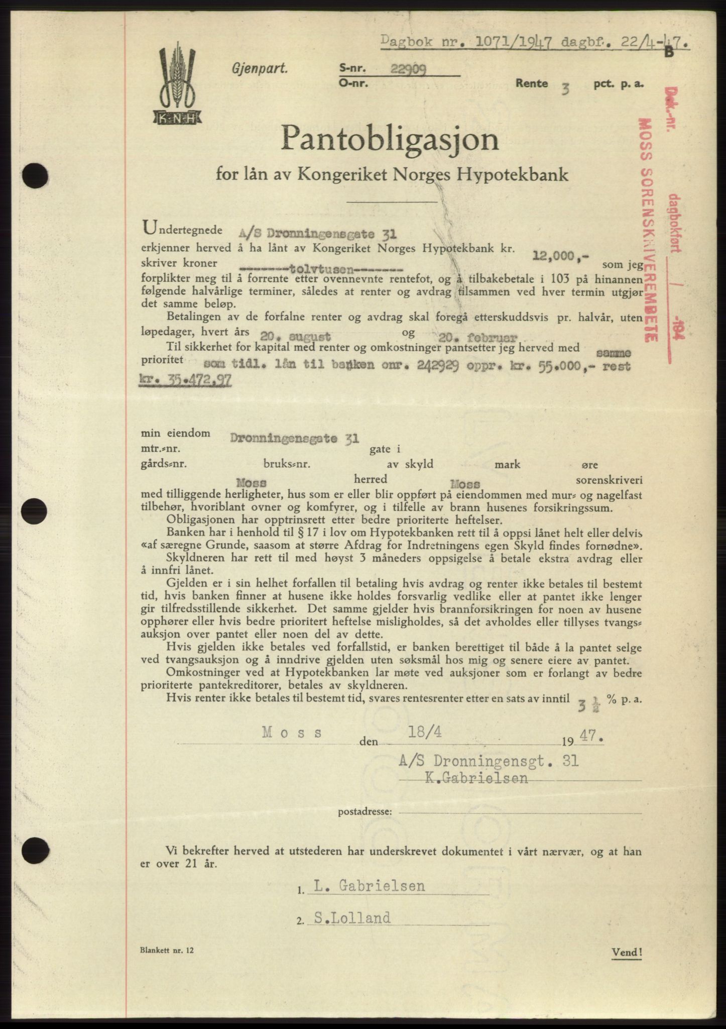 Moss sorenskriveri, SAO/A-10168: Pantebok nr. B17, 1947-1947, Dagboknr: 1071/1947