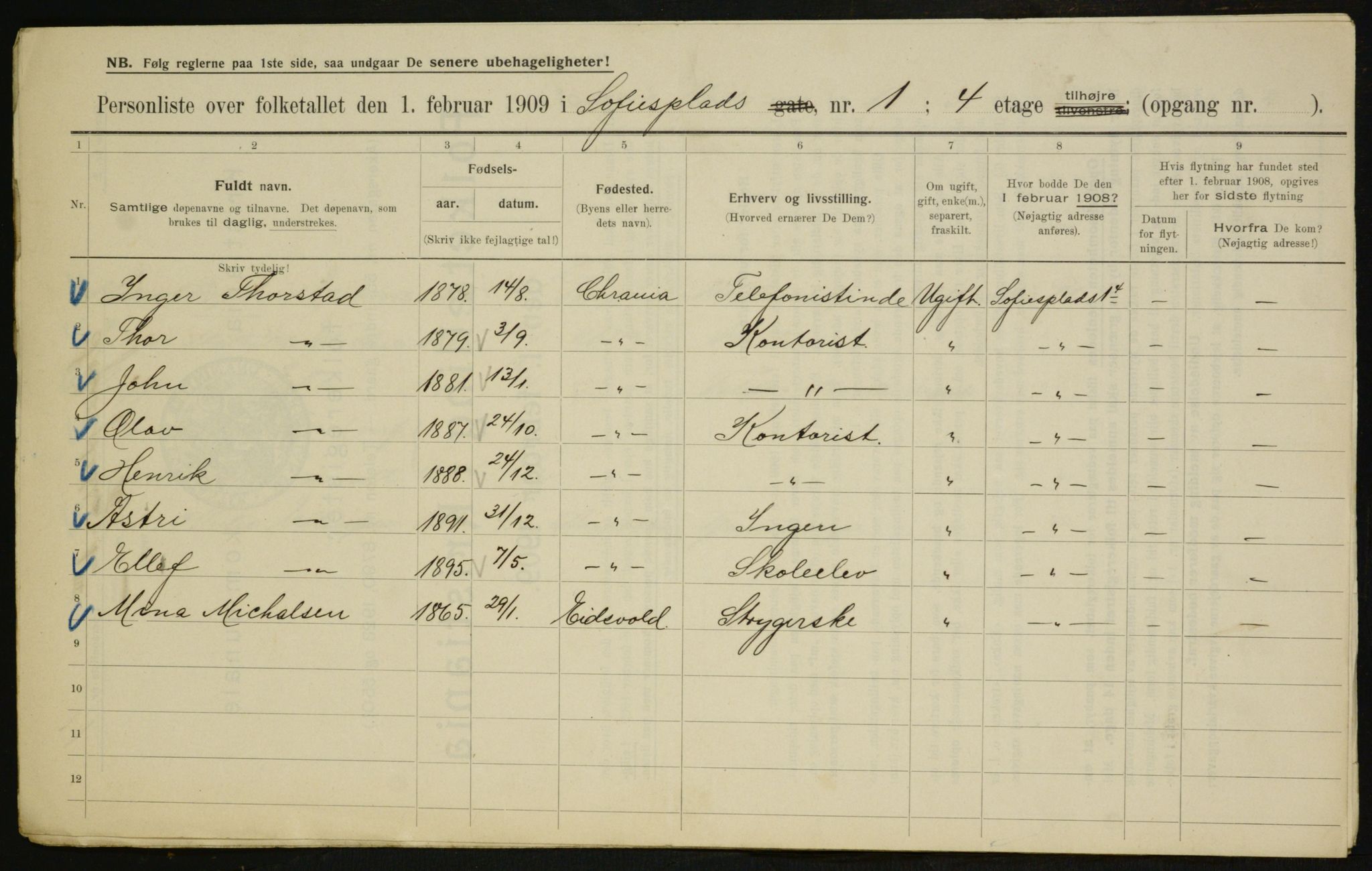 OBA, Kommunal folketelling 1.2.1909 for Kristiania kjøpstad, 1909, s. 90099