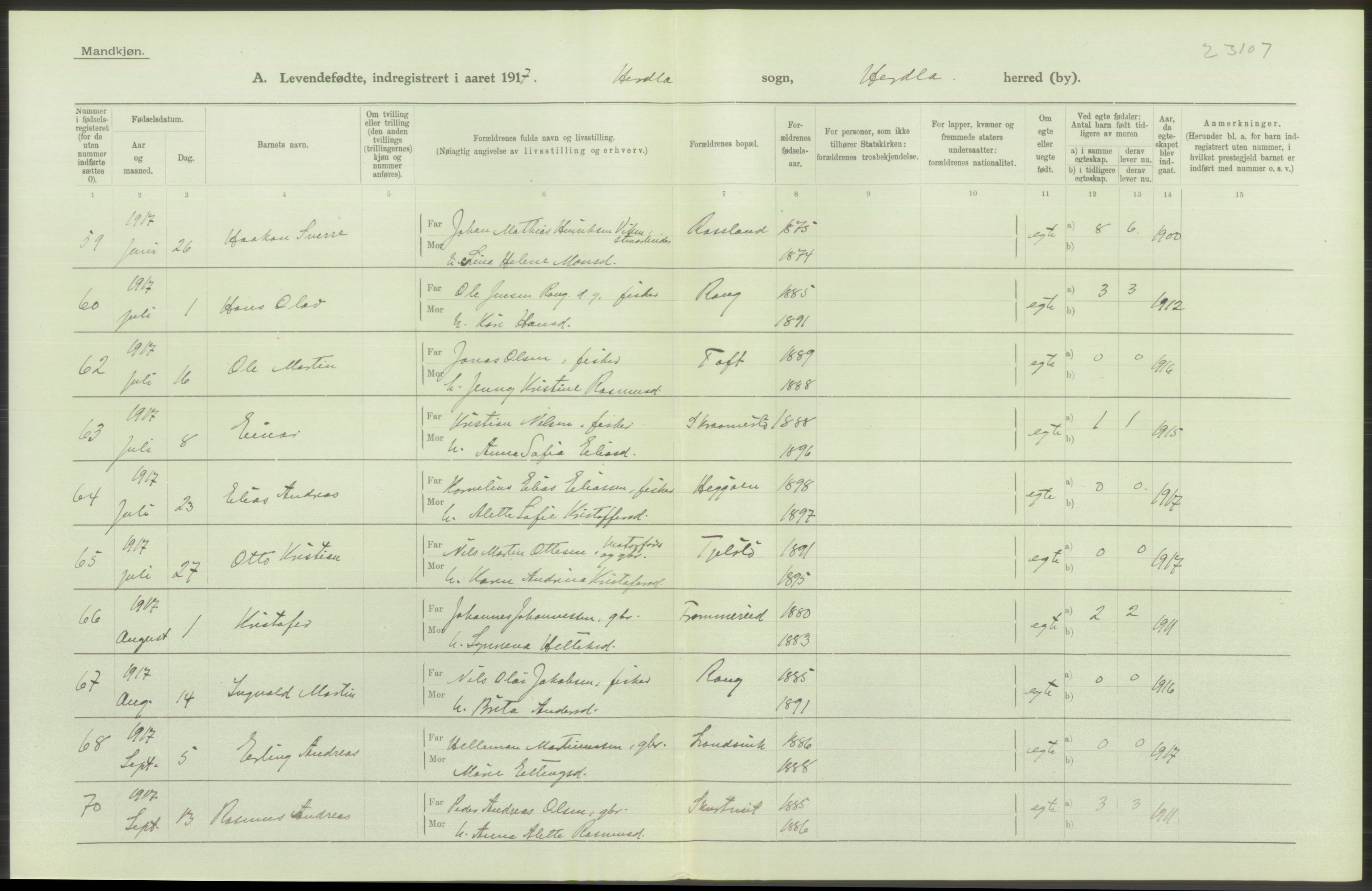 Statistisk sentralbyrå, Sosiodemografiske emner, Befolkning, AV/RA-S-2228/D/Df/Dfb/Dfbg/L0034: S. Bergenhus amt: Levendefødte menn og kvinner. Bygder., 1917, s. 122