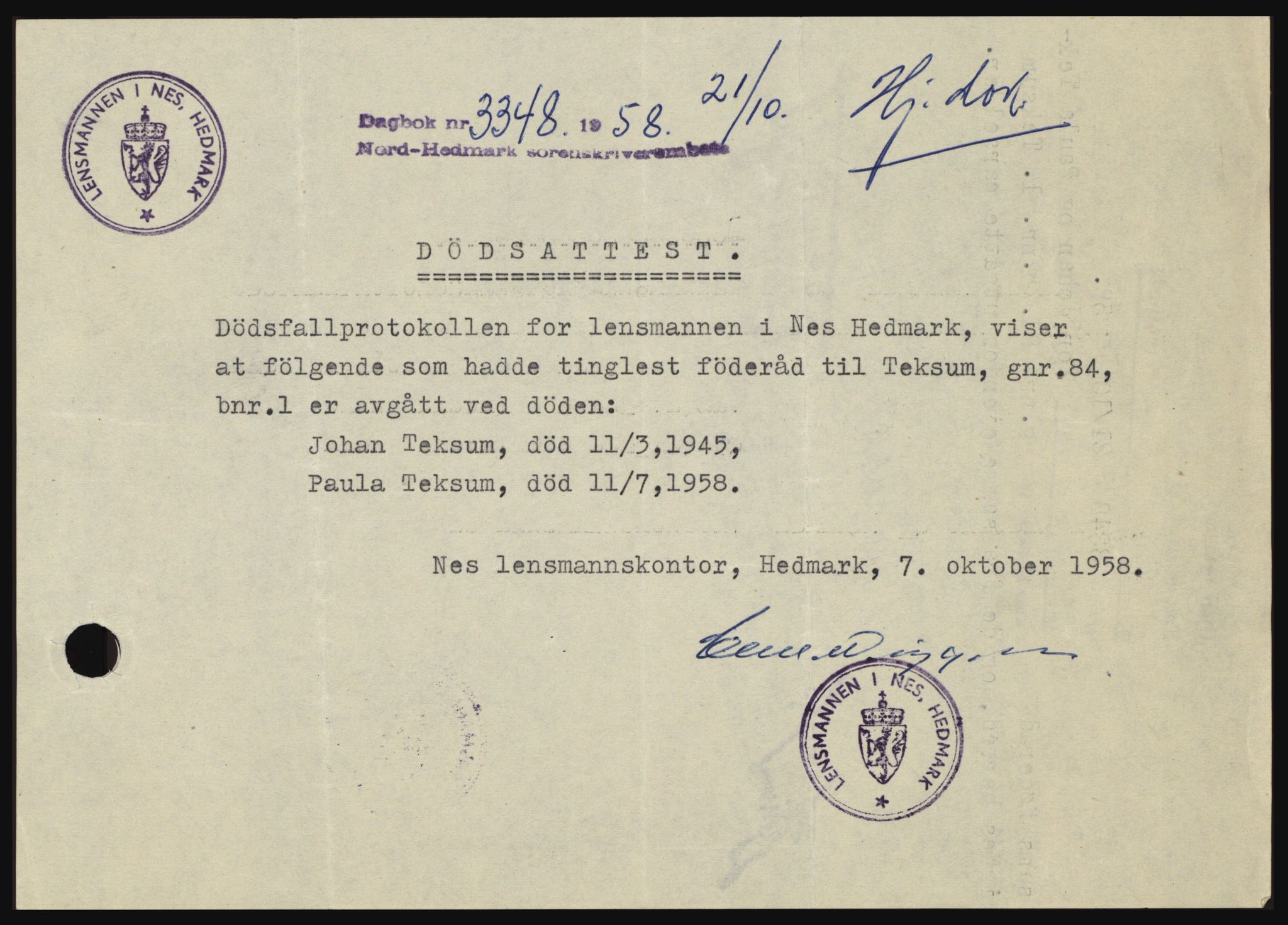 Nord-Hedmark sorenskriveri, SAH/TING-012/H/Hc/L0012: Pantebok nr. 12, 1957-1958, Dagboknr: 3348/1958