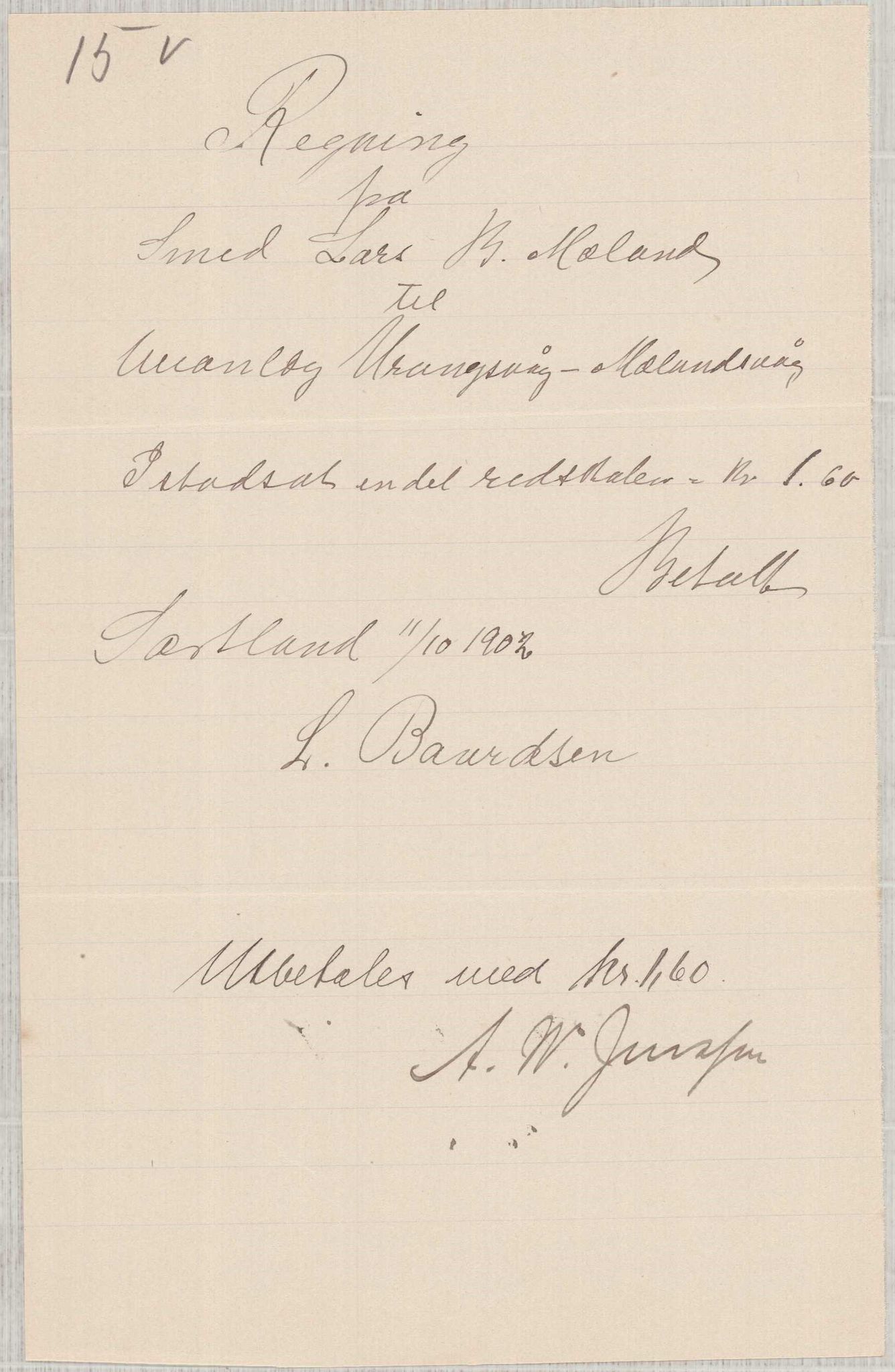 Finnaas kommune. Formannskapet, IKAH/1218a-021/E/Ea/L0002/0002: Rekneskap for veganlegg / Rekneskap for veganlegget Urangsvåg - Mælandsvåg, 1901-1903, s. 77