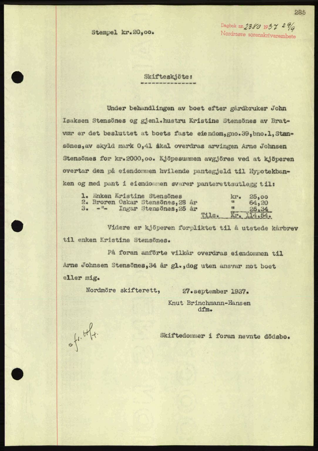 Nordmøre sorenskriveri, SAT/A-4132/1/2/2Ca: Pantebok nr. A82, 1937-1938, Dagboknr: 2380/1937