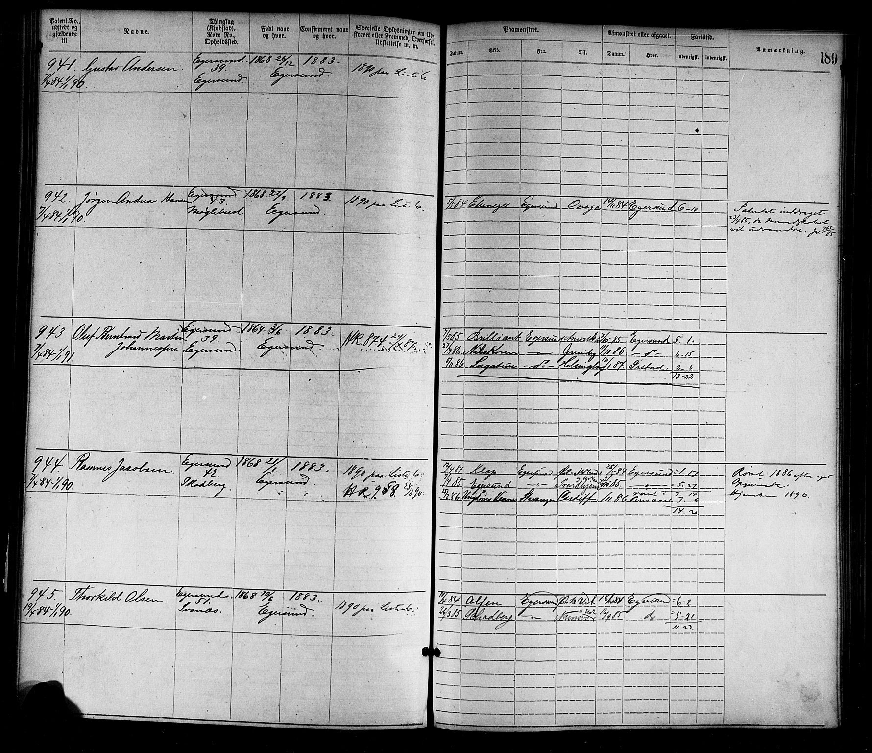 Egersund mønstringskrets, SAK/2031-0019/F/Fa/L0001: Annotasjonsrulle nr 1-1440 med register, O-1, 1869-1895, s. 211