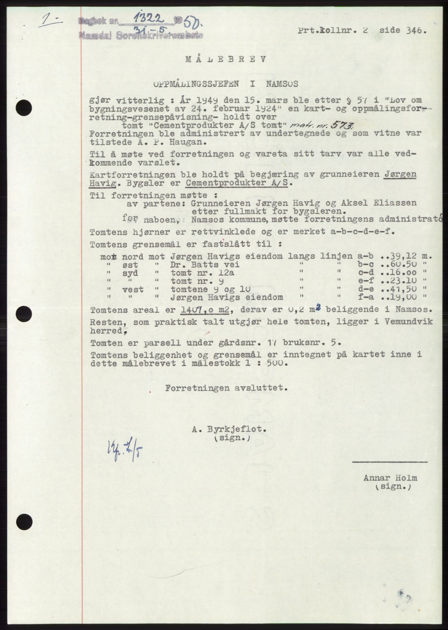 Namdal sorenskriveri, AV/SAT-A-4133/1/2/2C: Pantebok nr. -, 1950-1950, Dagboknr: 1322/1950