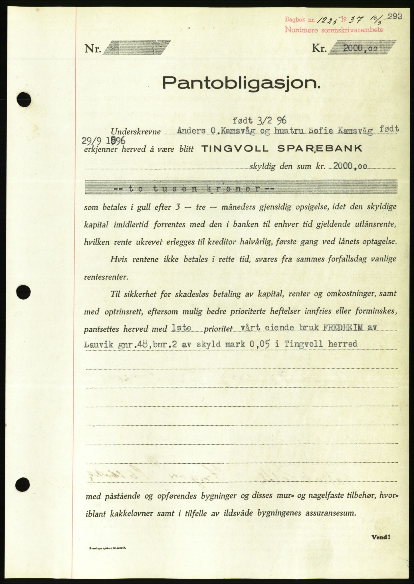 Nordmøre sorenskriveri, AV/SAT-A-4132/1/2/2Ca/L0091: Pantebok nr. B81, 1937-1937, Dagboknr: 1225/1937