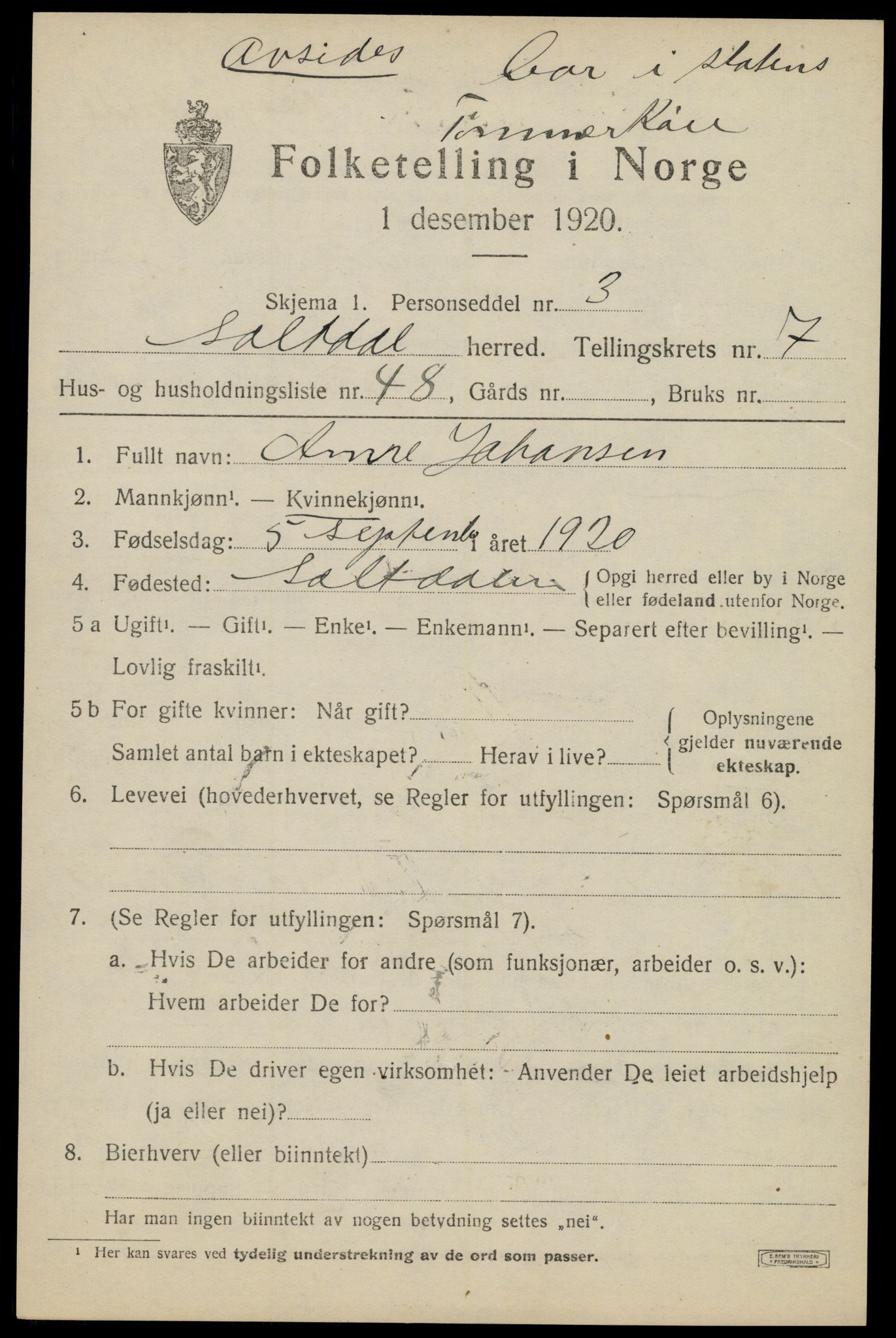 SAT, Folketelling 1920 for 1840 Saltdal herred, 1920, s. 8501