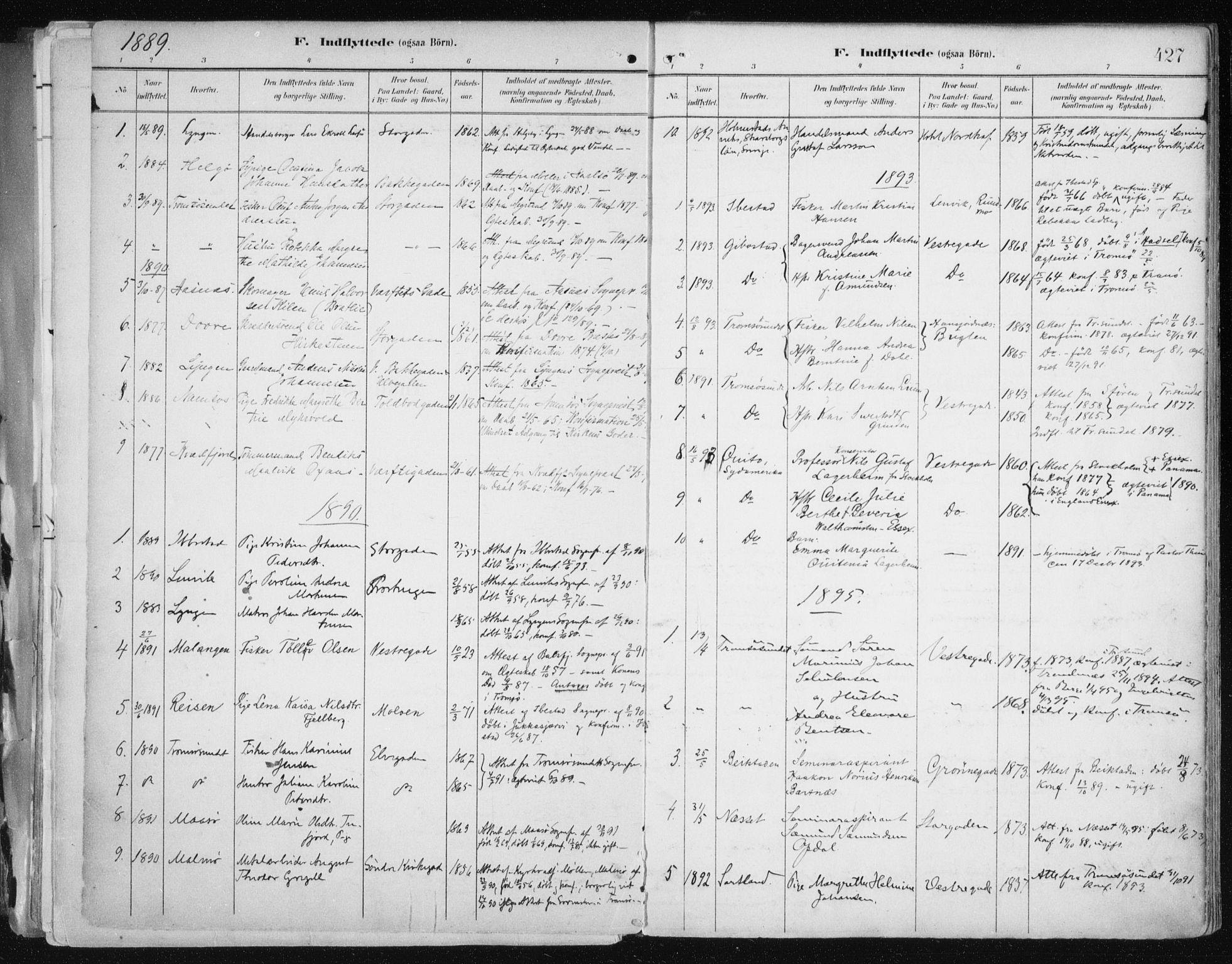 Tromsø sokneprestkontor/stiftsprosti/domprosti, AV/SATØ-S-1343/G/Ga/L0015kirke: Ministerialbok nr. 15, 1889-1899, s. 427