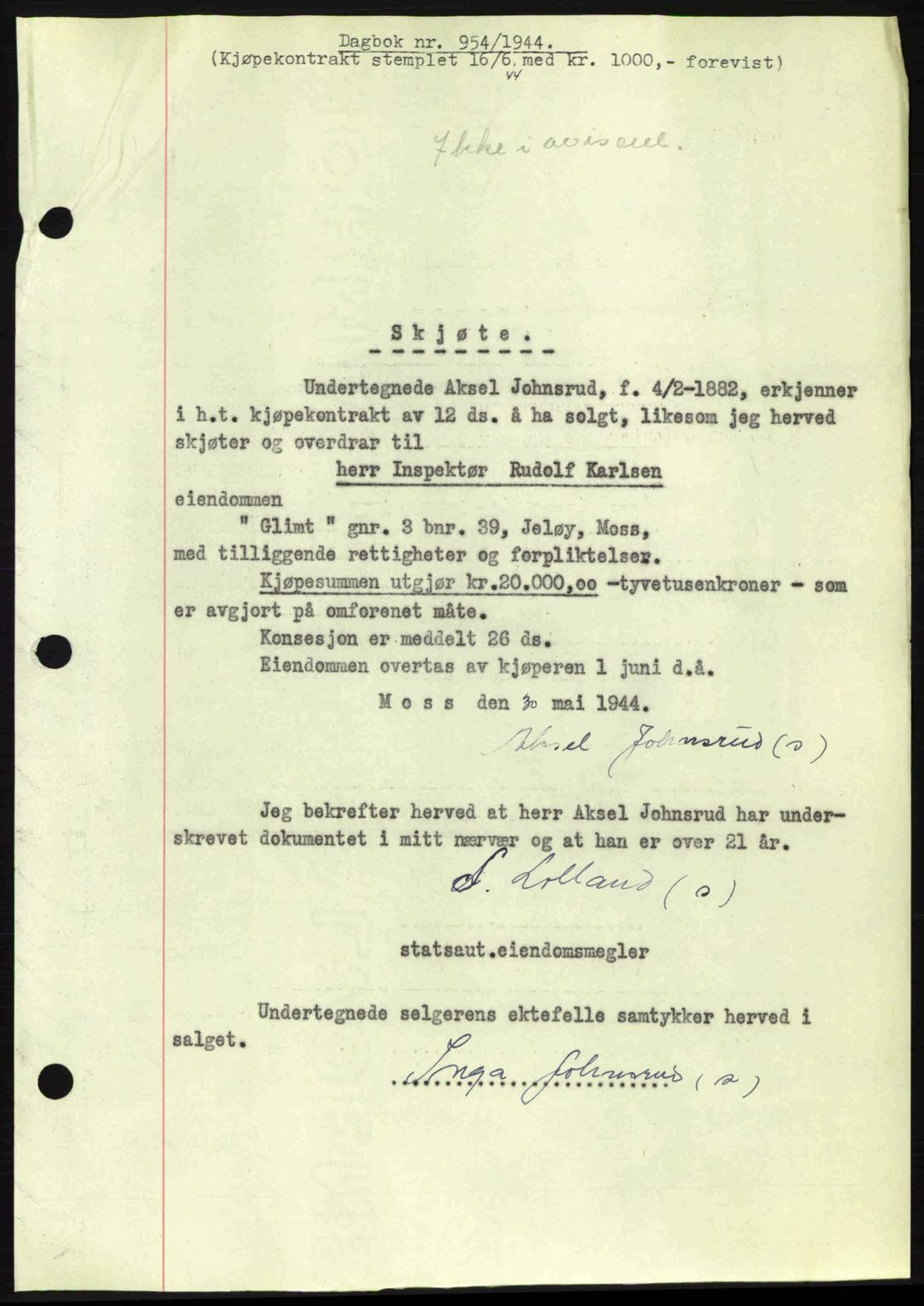 Moss sorenskriveri, SAO/A-10168: Pantebok nr. A12, 1943-1944, Dagboknr: 954/1944
