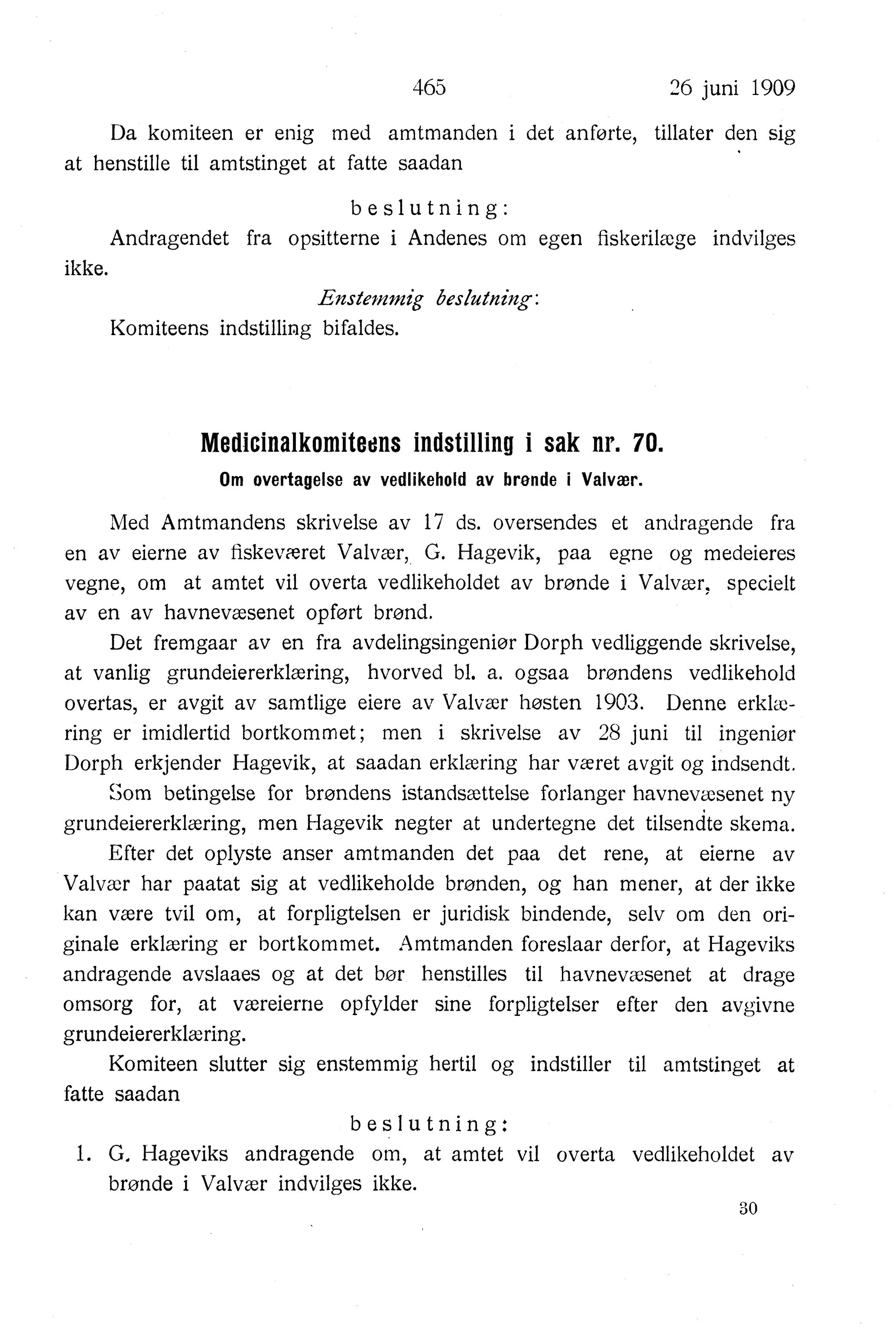 Nordland Fylkeskommune. Fylkestinget, AIN/NFK-17/176/A/Ac/L0032: Fylkestingsforhandlinger 1909, 1909