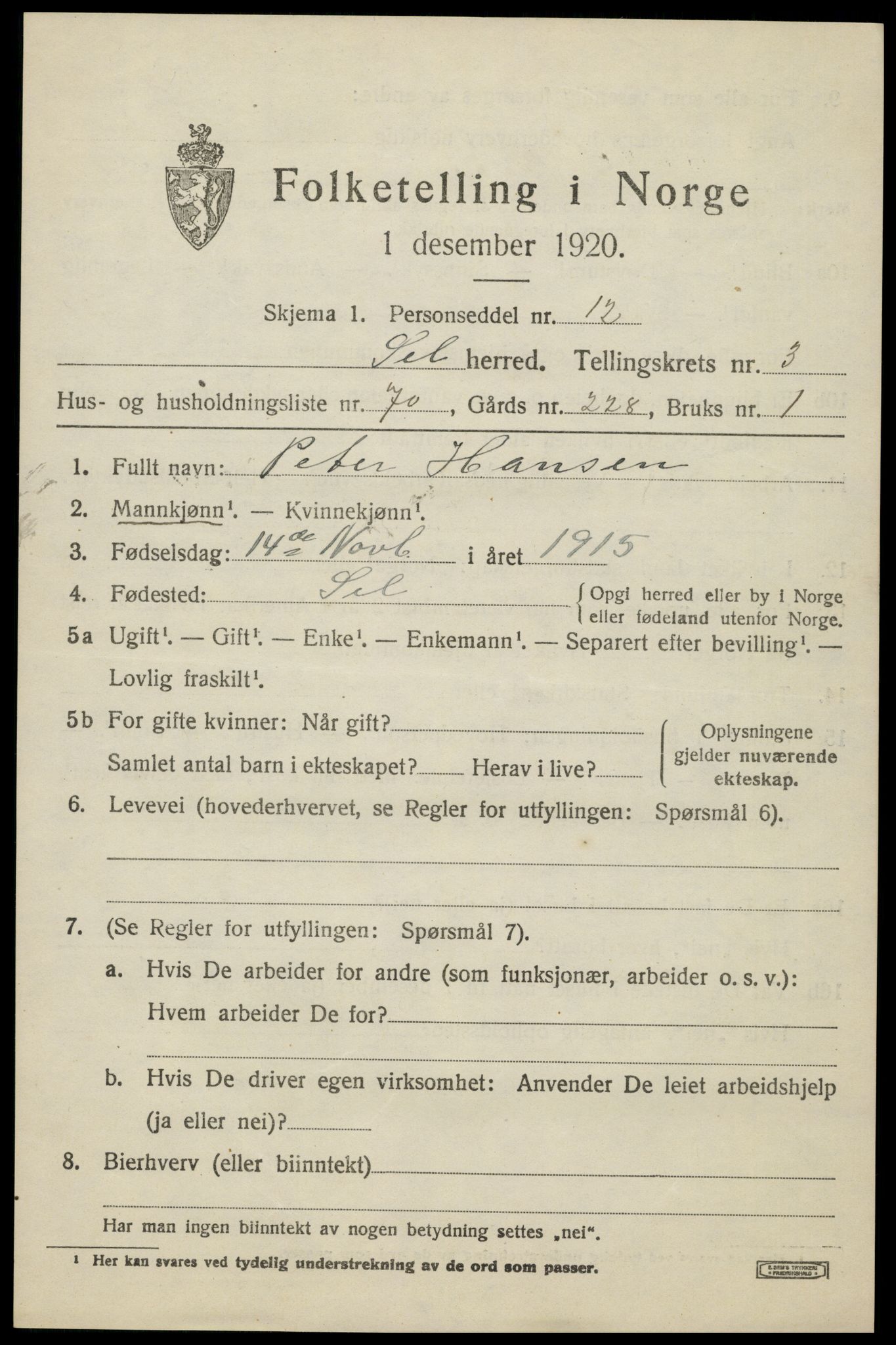 SAH, Folketelling 1920 for 0517 Sel herred, 1920, s. 3026
