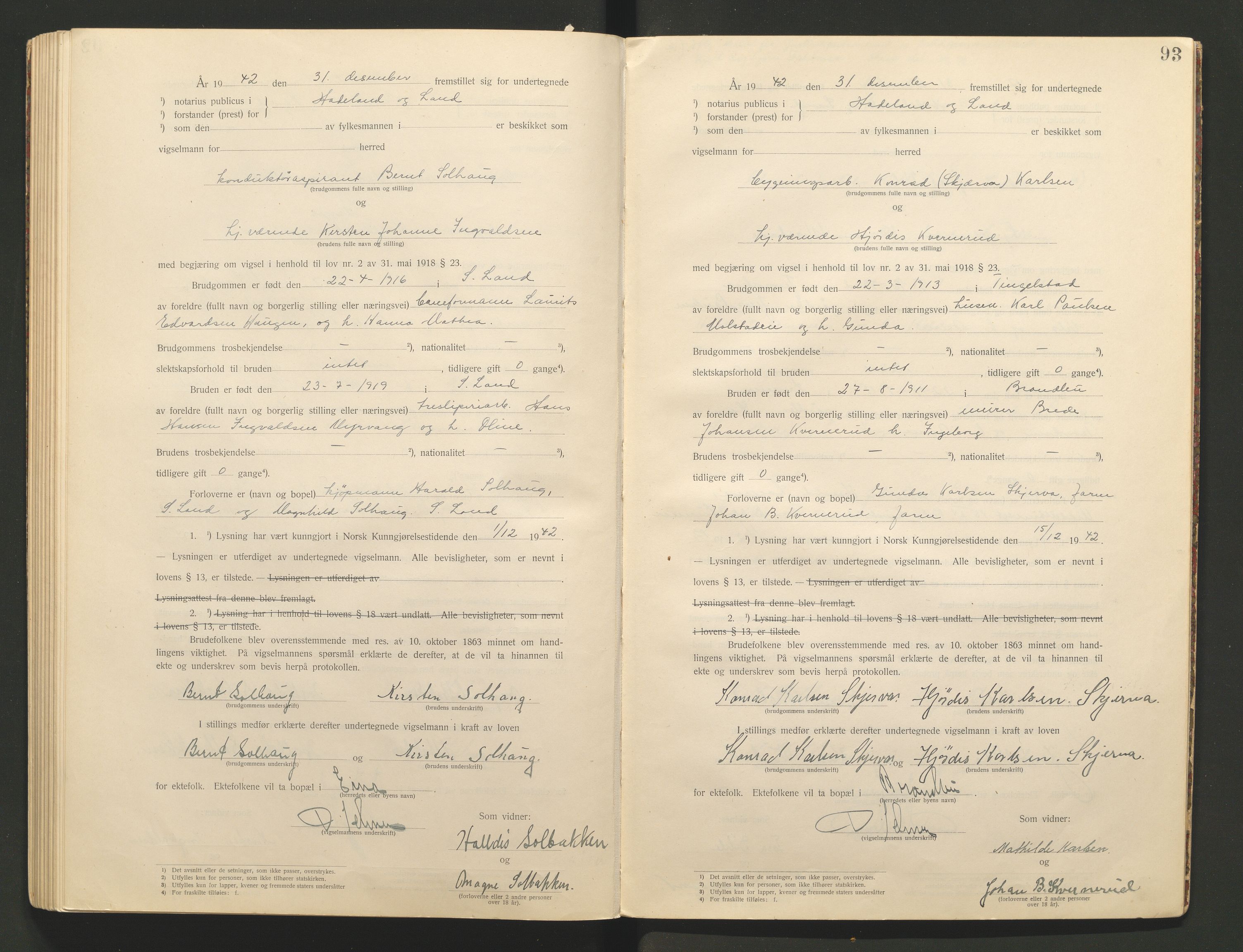Hadeland og Land tingrett, AV/SAH-TING-010/L/Lb/L0001: Vigselbok, 1920-1943, s. 93