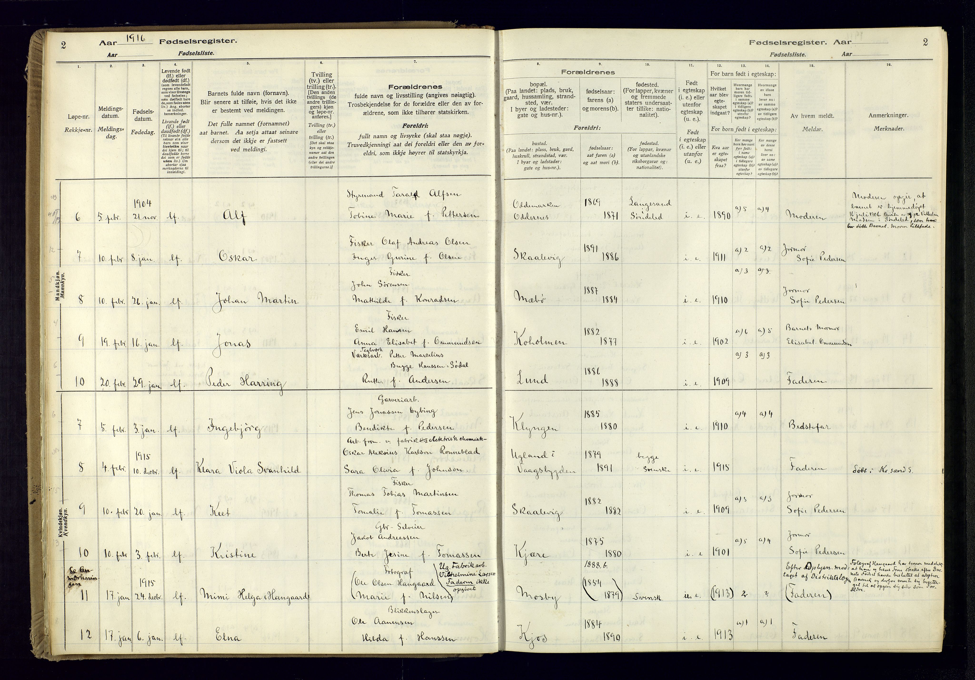 Oddernes sokneprestkontor, SAK/1111-0033/J/Ja/L0001: Fødselsregister nr. 1, 1916-1935, s. 2