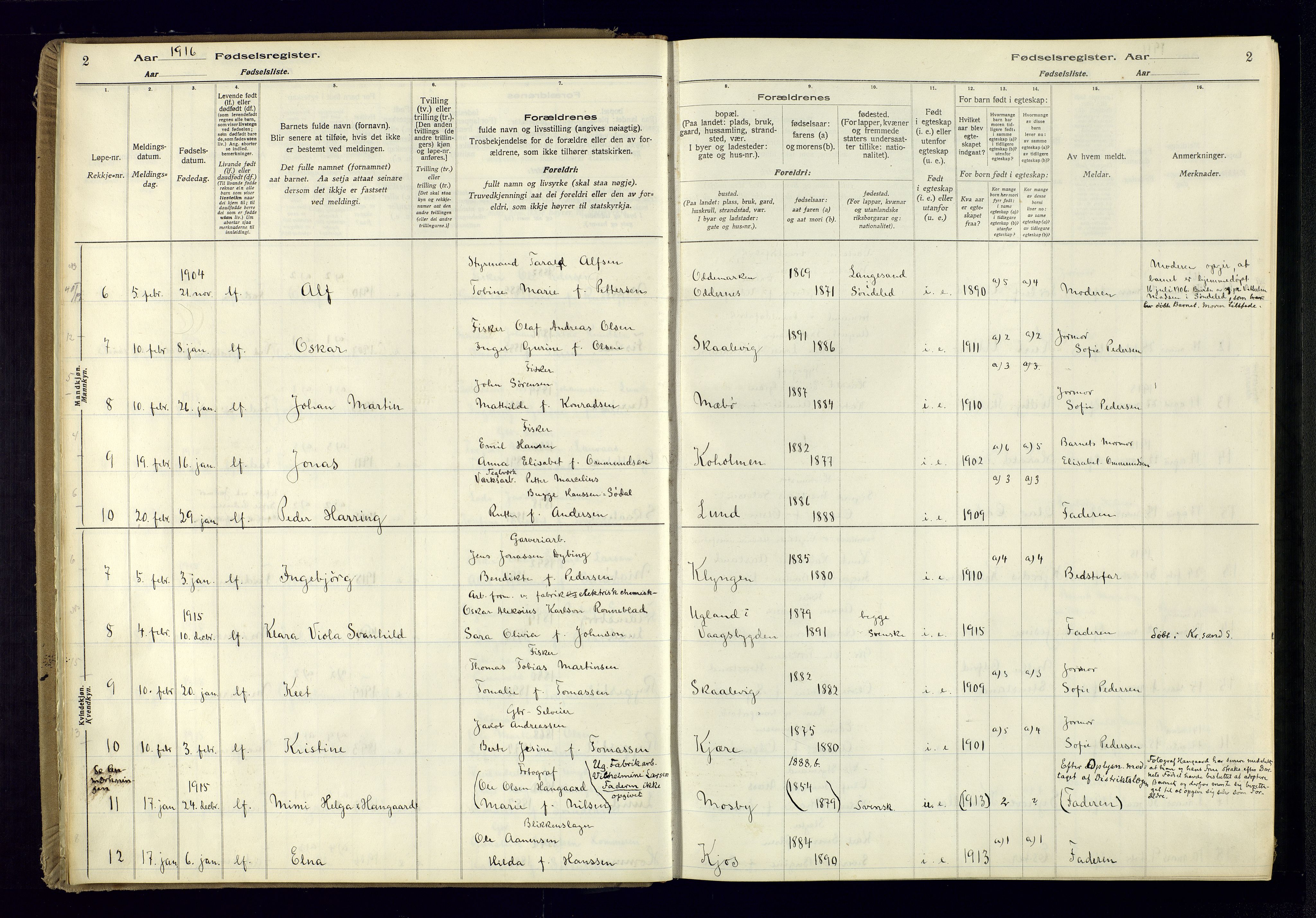 Oddernes sokneprestkontor, AV/SAK-1111-0033/J/Ja/L0001: Fødselsregister nr. 1, 1916-1935, s. 2