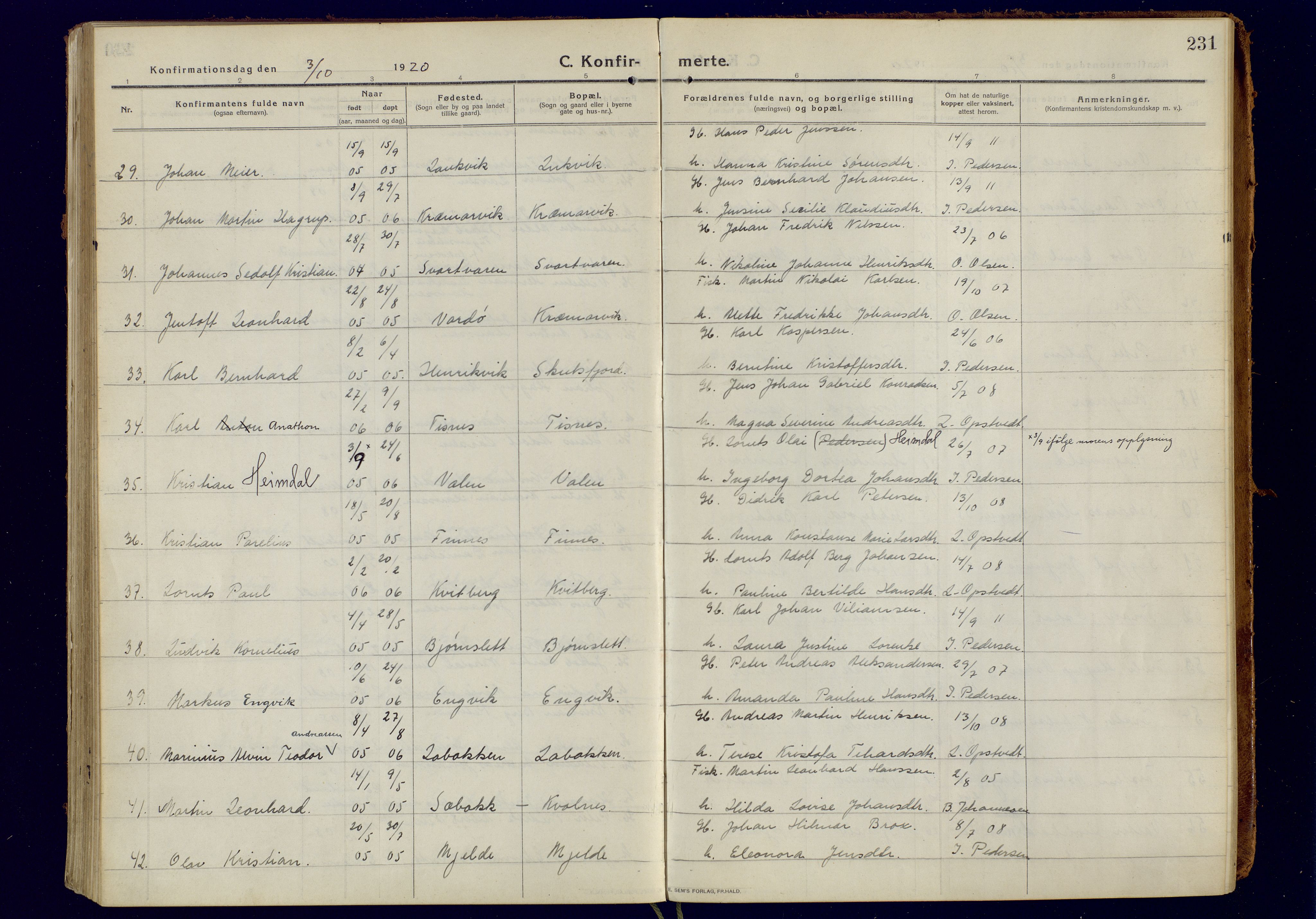 Tromsøysund sokneprestkontor, AV/SATØ-S-1304/G/Ga/L0008kirke: Ministerialbok nr. 8, 1914-1922, s. 231