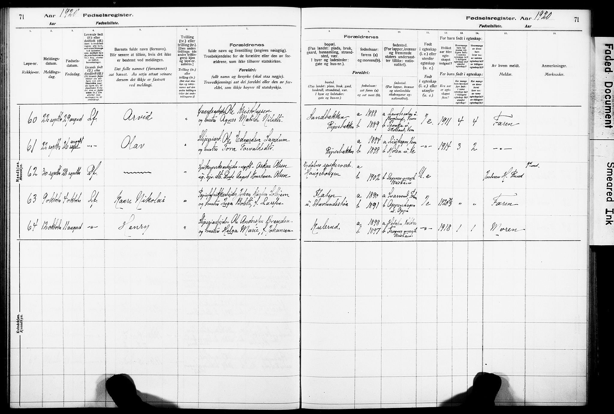 Norderhov kirkebøker, SAKO/A-237/J/Ja/L0001: Fødselsregister nr. 1, 1916-1930, s. 71