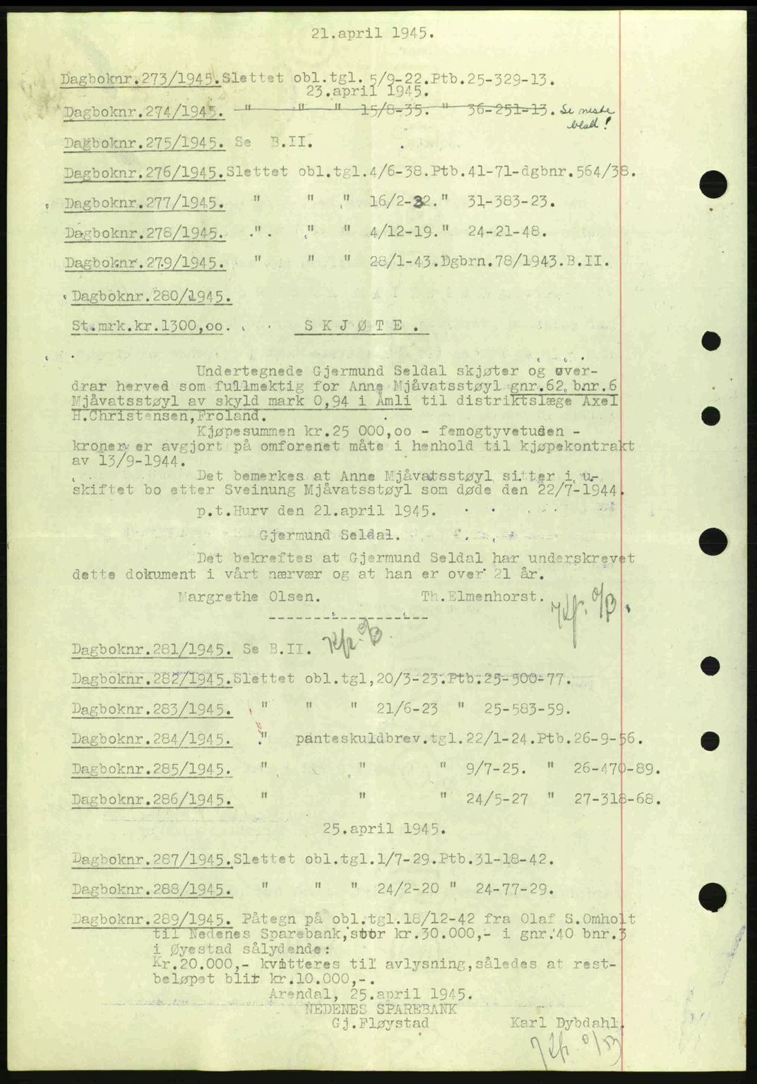 Nedenes sorenskriveri, AV/SAK-1221-0006/G/Gb/Gba/L0052: Pantebok nr. A6a, 1944-1945, Dagboknr: 273/1945