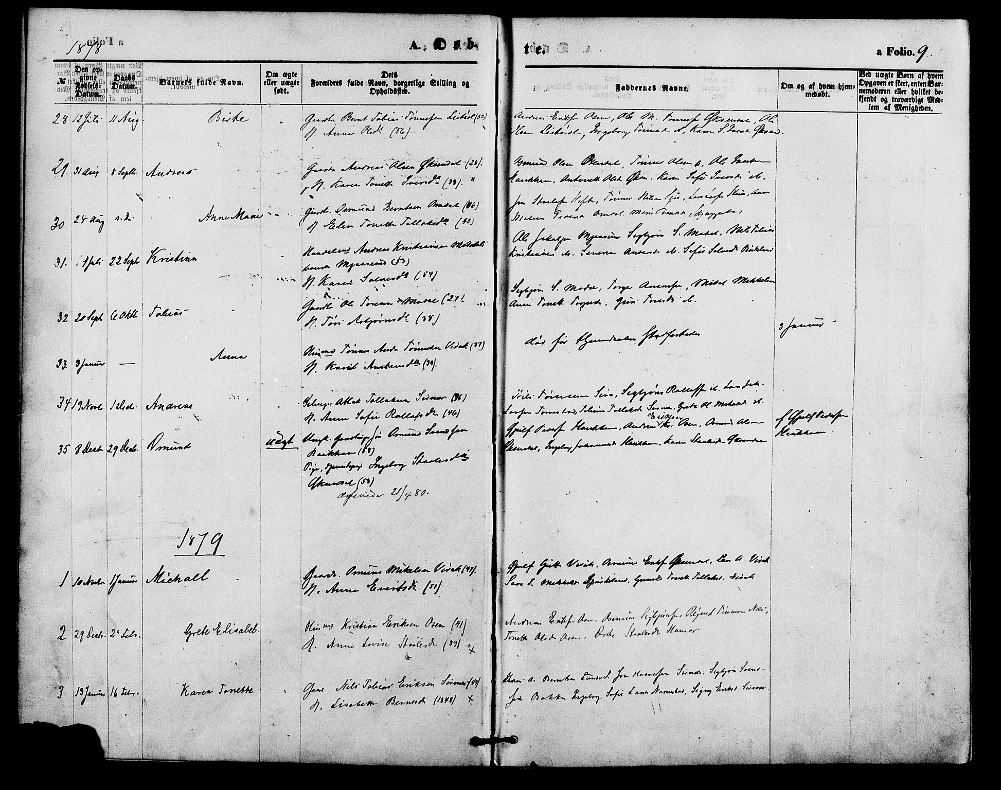 Bakke sokneprestkontor, SAK/1111-0002/F/Fa/Faa/L0007: Ministerialbok nr. A 7, 1877-1886, s. 9