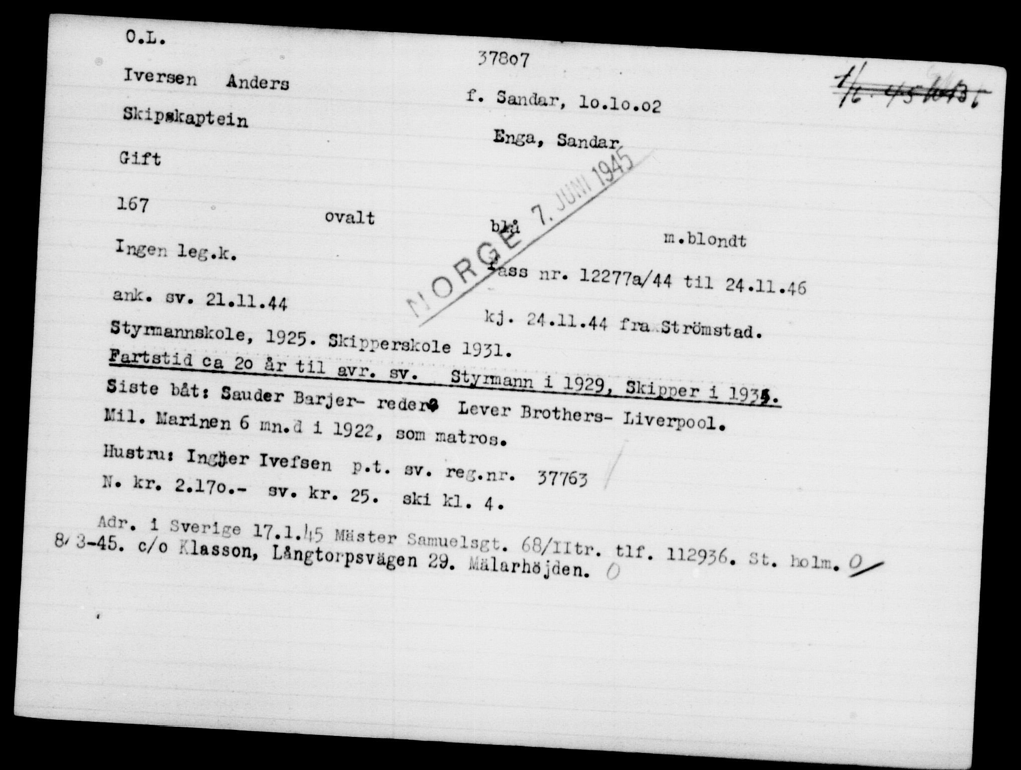 Utenriksstasjonene, Legasjonen i Stockholm, Flyktningkontoret, AV/RA-S-6753/V/Va/L0014: Kjesäterkartoteket, flyktninger med registreringsnr. 34700-37855, 1940-1945, s. 3273