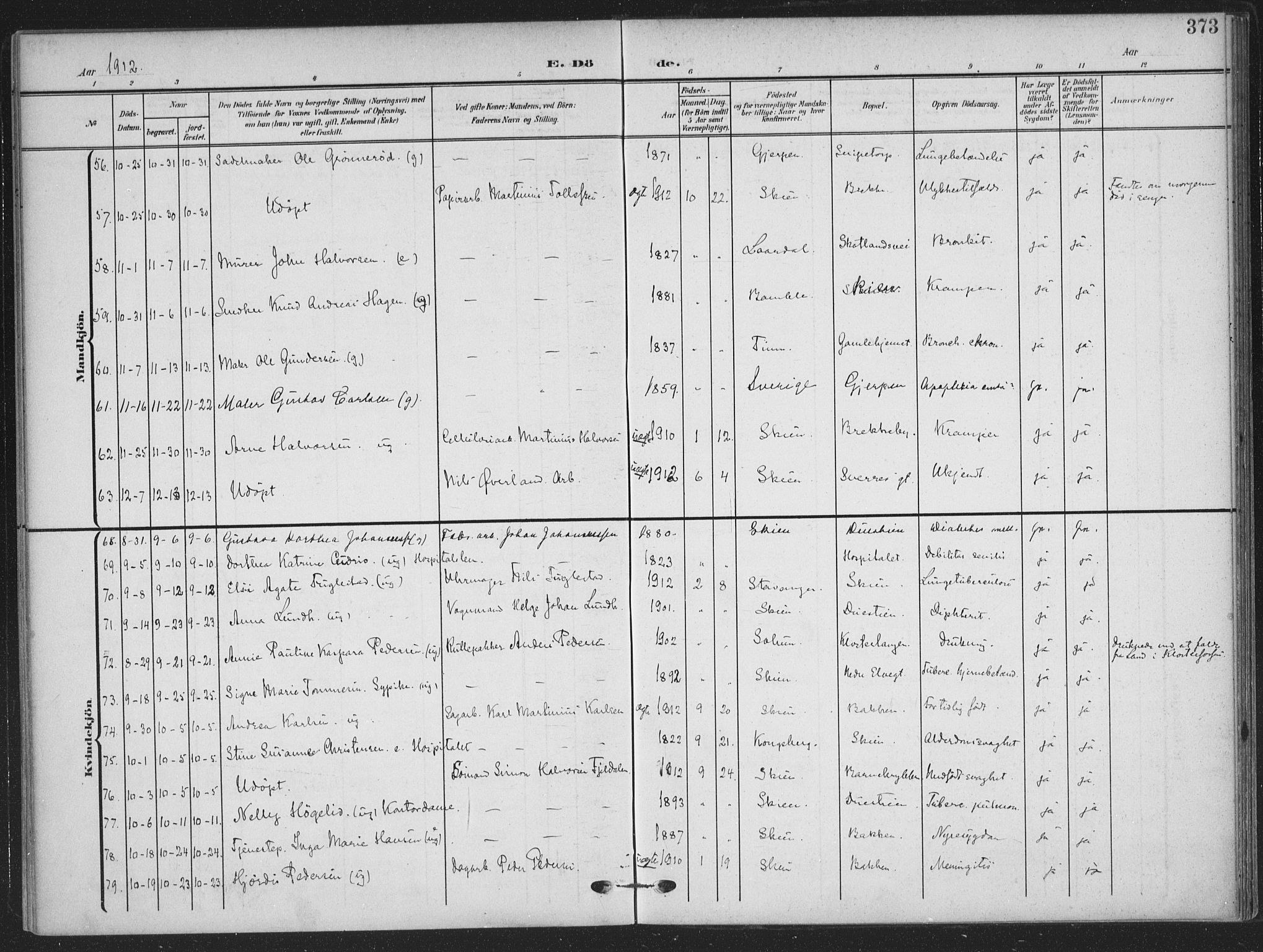 Skien kirkebøker, AV/SAKO-A-302/F/Fa/L0012: Ministerialbok nr. 12, 1908-1914, s. 373