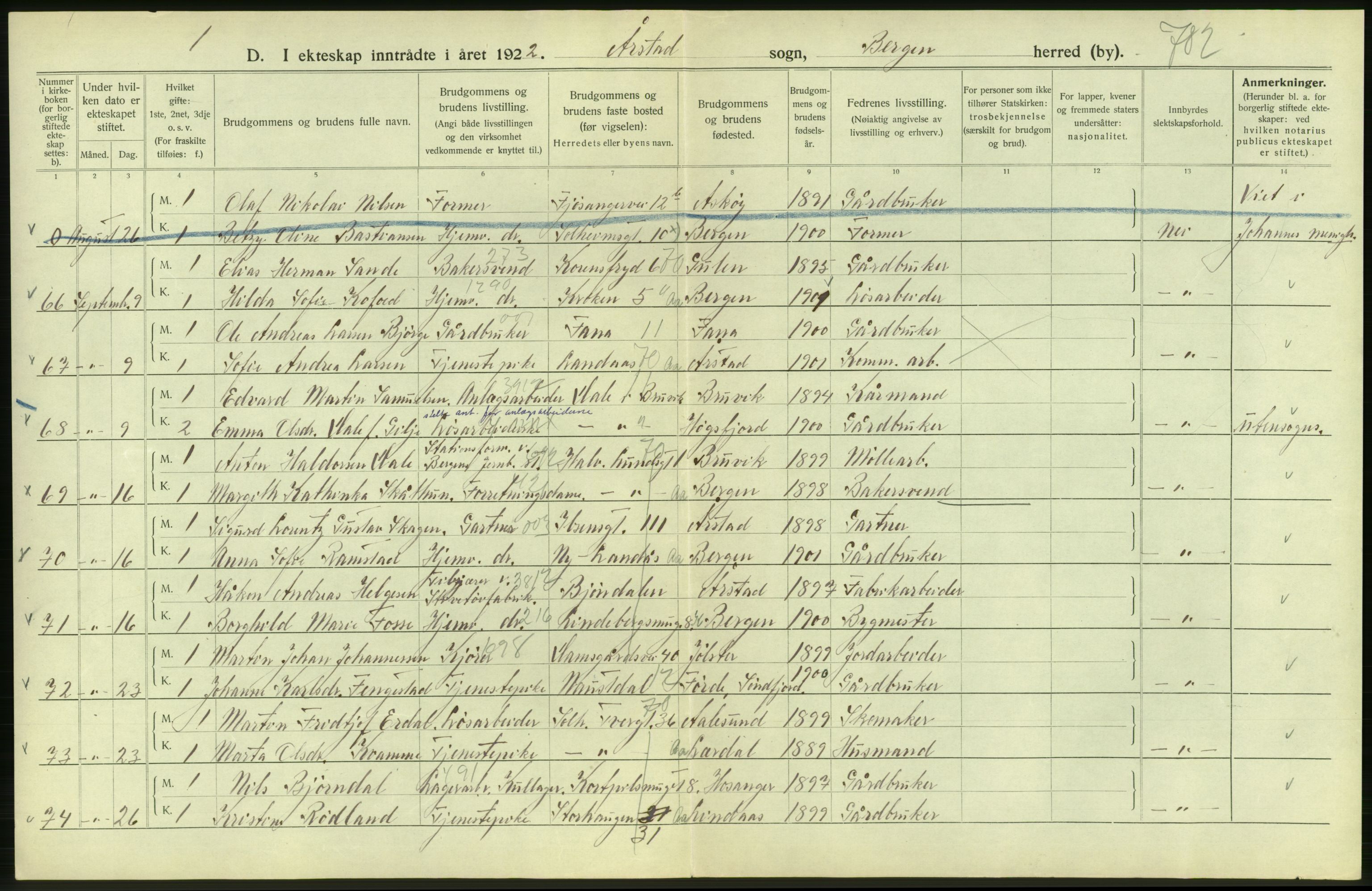 Statistisk sentralbyrå, Sosiodemografiske emner, Befolkning, AV/RA-S-2228/D/Df/Dfc/Dfcb/L0030: Bergen: Gifte, døde, dødfødte., 1922, s. 52