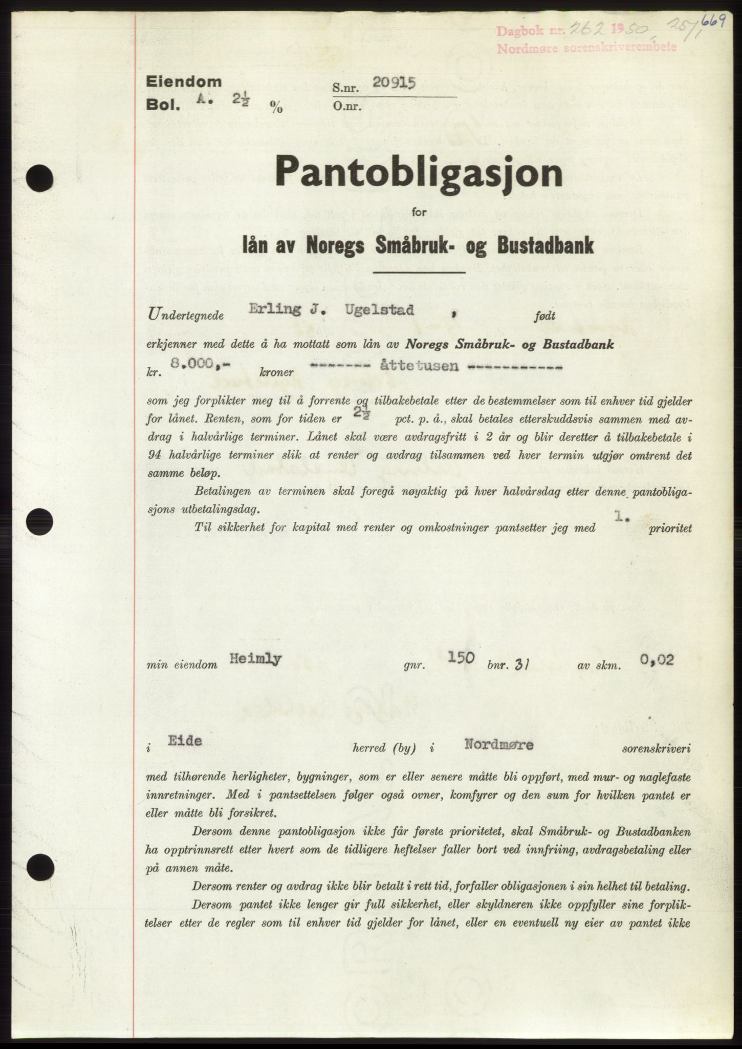 Nordmøre sorenskriveri, AV/SAT-A-4132/1/2/2Ca: Pantebok nr. B103, 1949-1950, Dagboknr: 262/1950