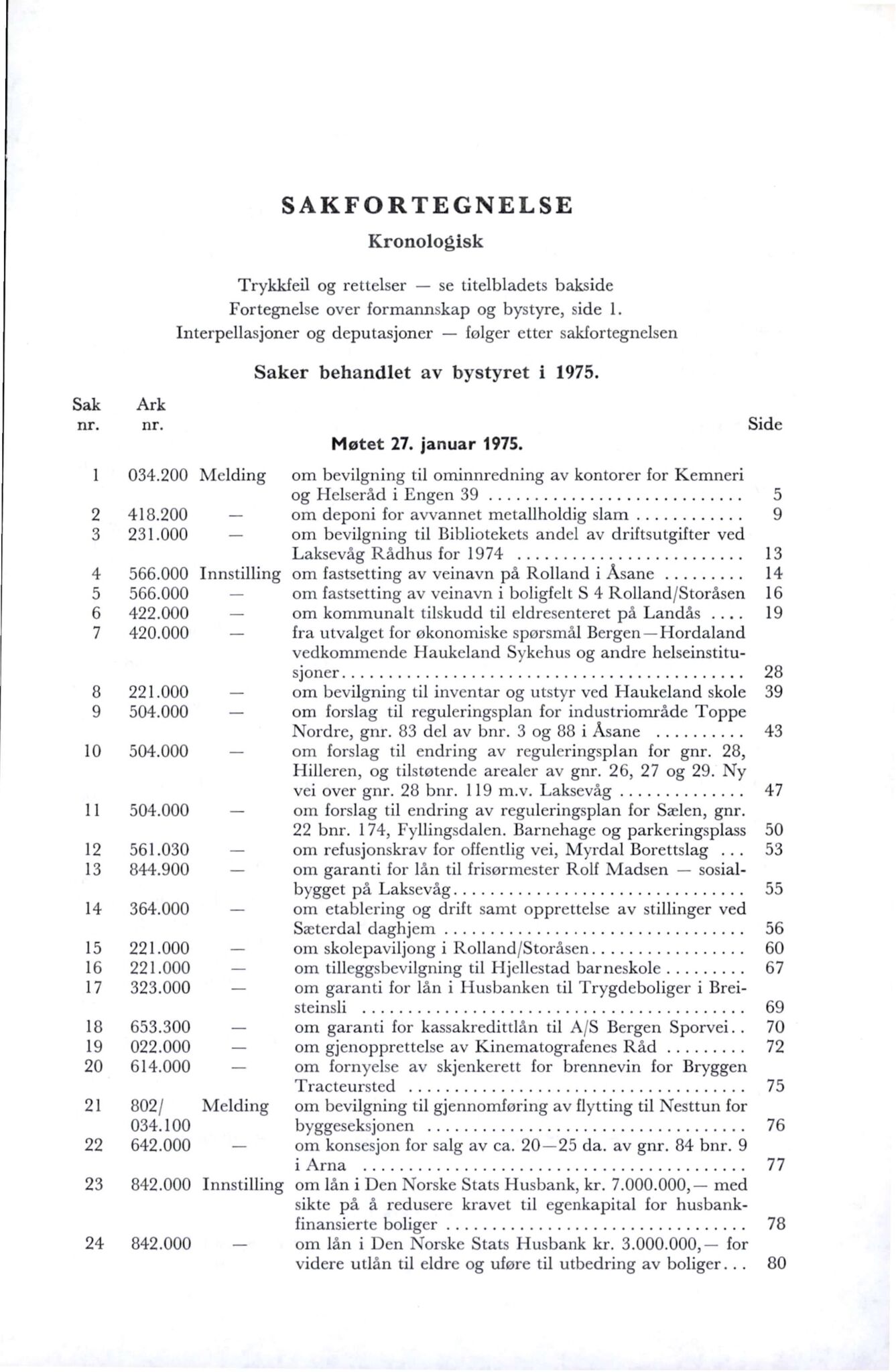 Bergen kommune. Formannskapet 1972 -, BBA/A-1809/A/Ab/L0007: Bergens kommuneforhandlinger 1975 I, 1975