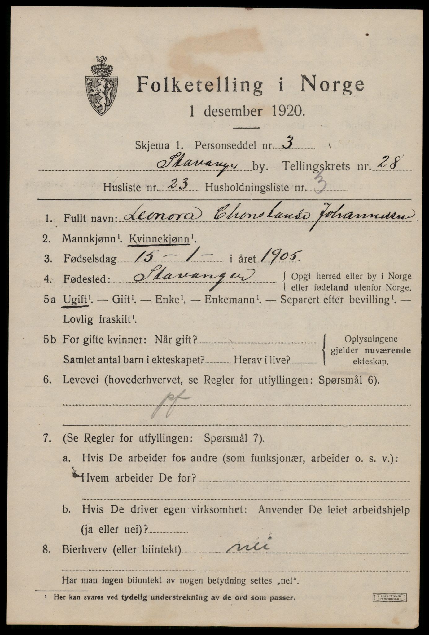 SAST, Folketelling 1920 for 1103 Stavanger kjøpstad, 1920, s. 81364