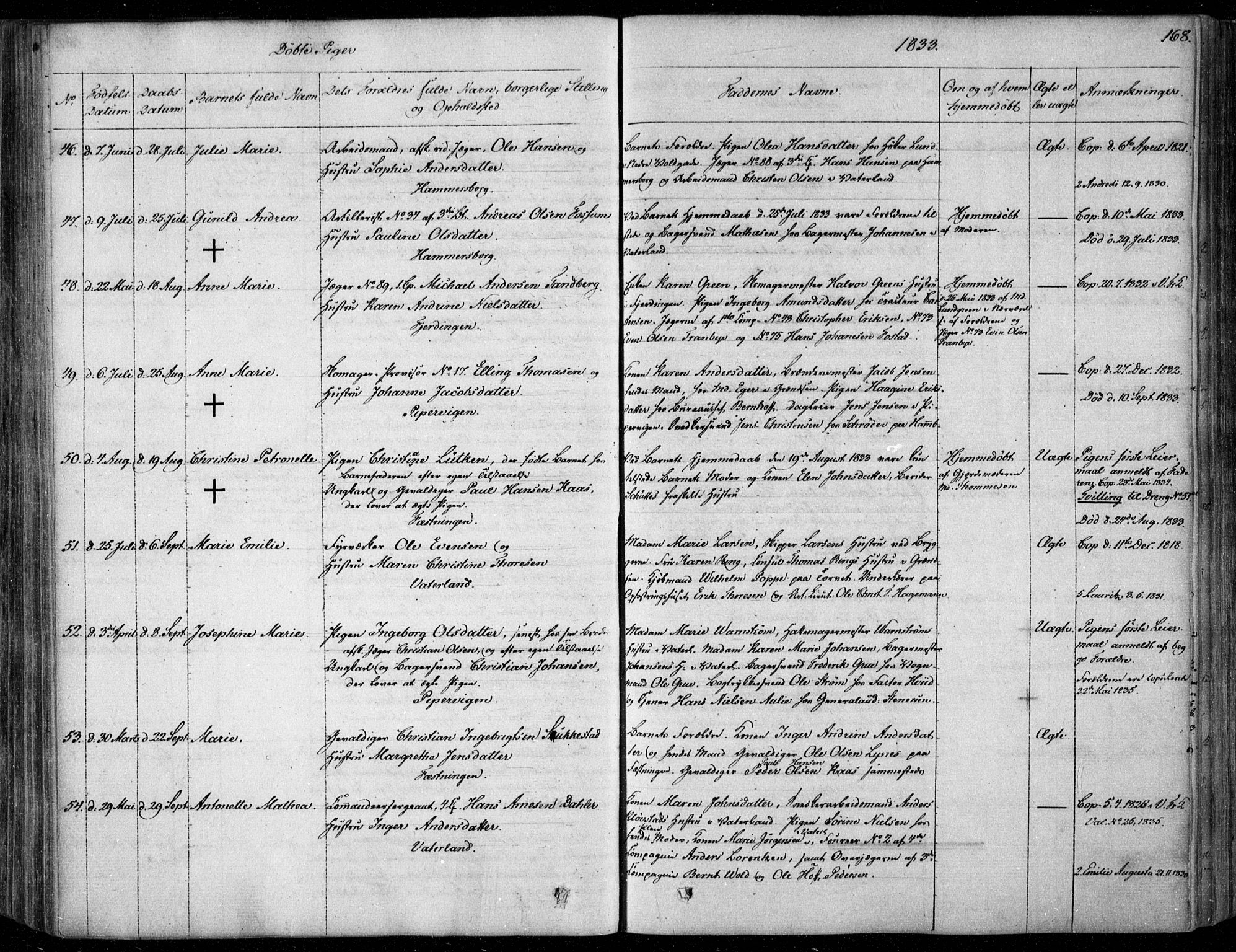 Garnisonsmenigheten Kirkebøker, SAO/A-10846/F/Fa/L0006: Ministerialbok nr. 6, 1828-1841, s. 168