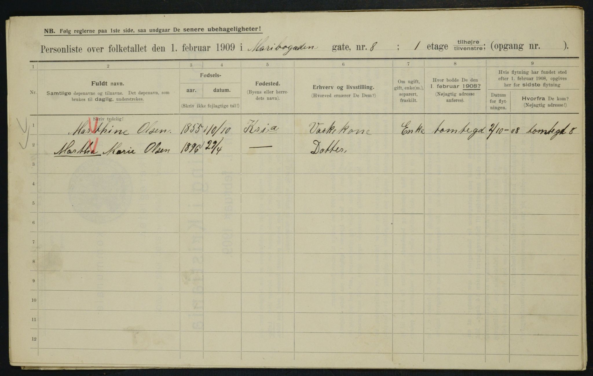 OBA, Kommunal folketelling 1.2.1909 for Kristiania kjøpstad, 1909, s. 54957