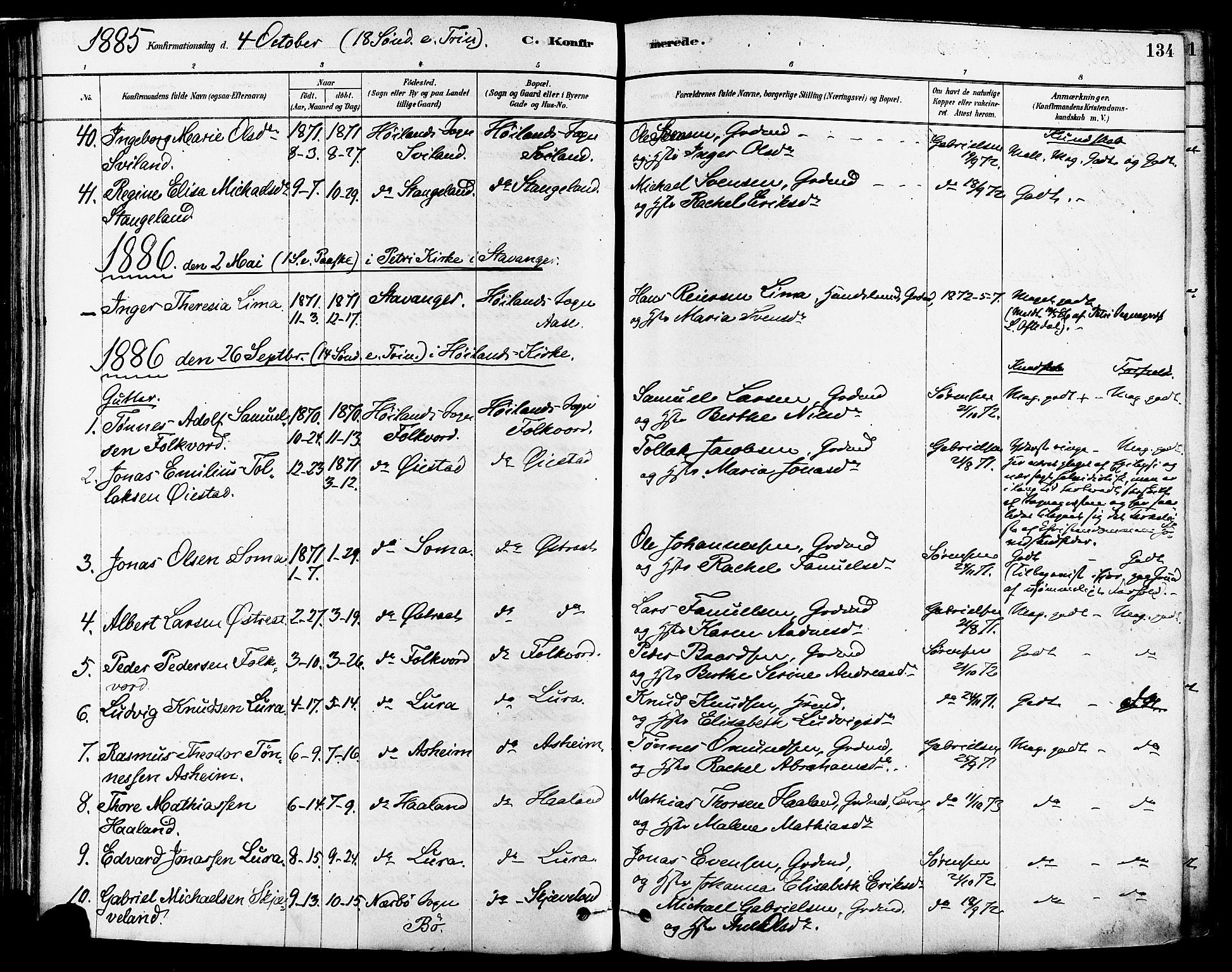 Høyland sokneprestkontor, AV/SAST-A-101799/001/30BA/L0011: Ministerialbok nr. A 10, 1878-1888, s. 134