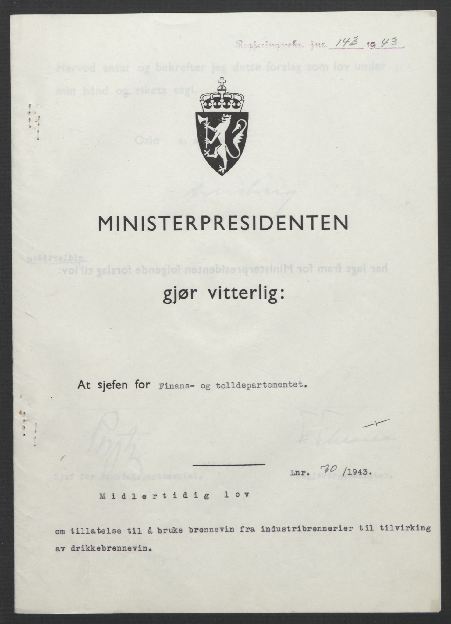 NS-administrasjonen 1940-1945 (Statsrådsekretariatet, de kommisariske statsråder mm), AV/RA-S-4279/D/Db/L0099: Lover, 1943, s. 320