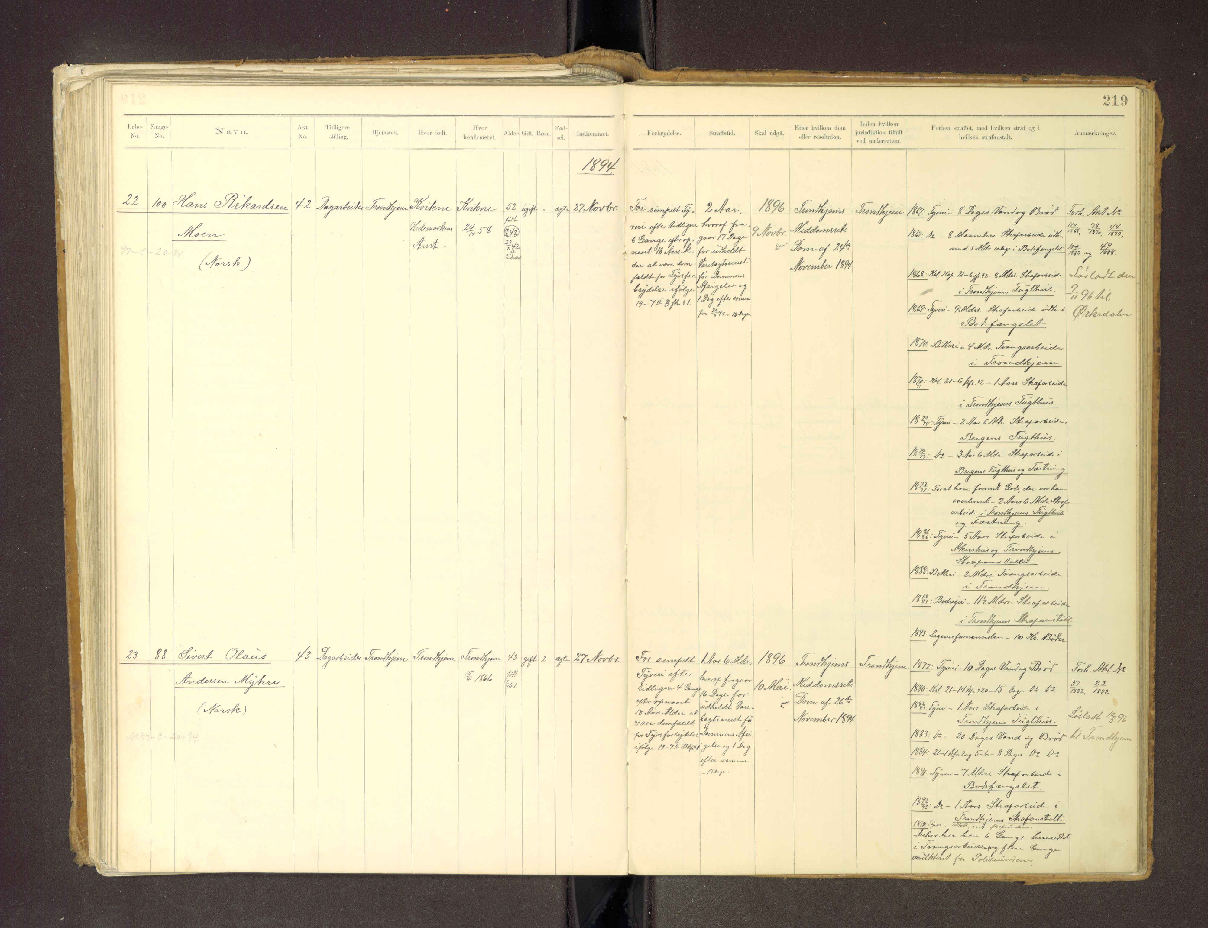 Trondheim tukthus, SAT/A-4619/05/65/L0036: 65.36 Fangeprotokoll m/reg, 1885-1898, s. 219