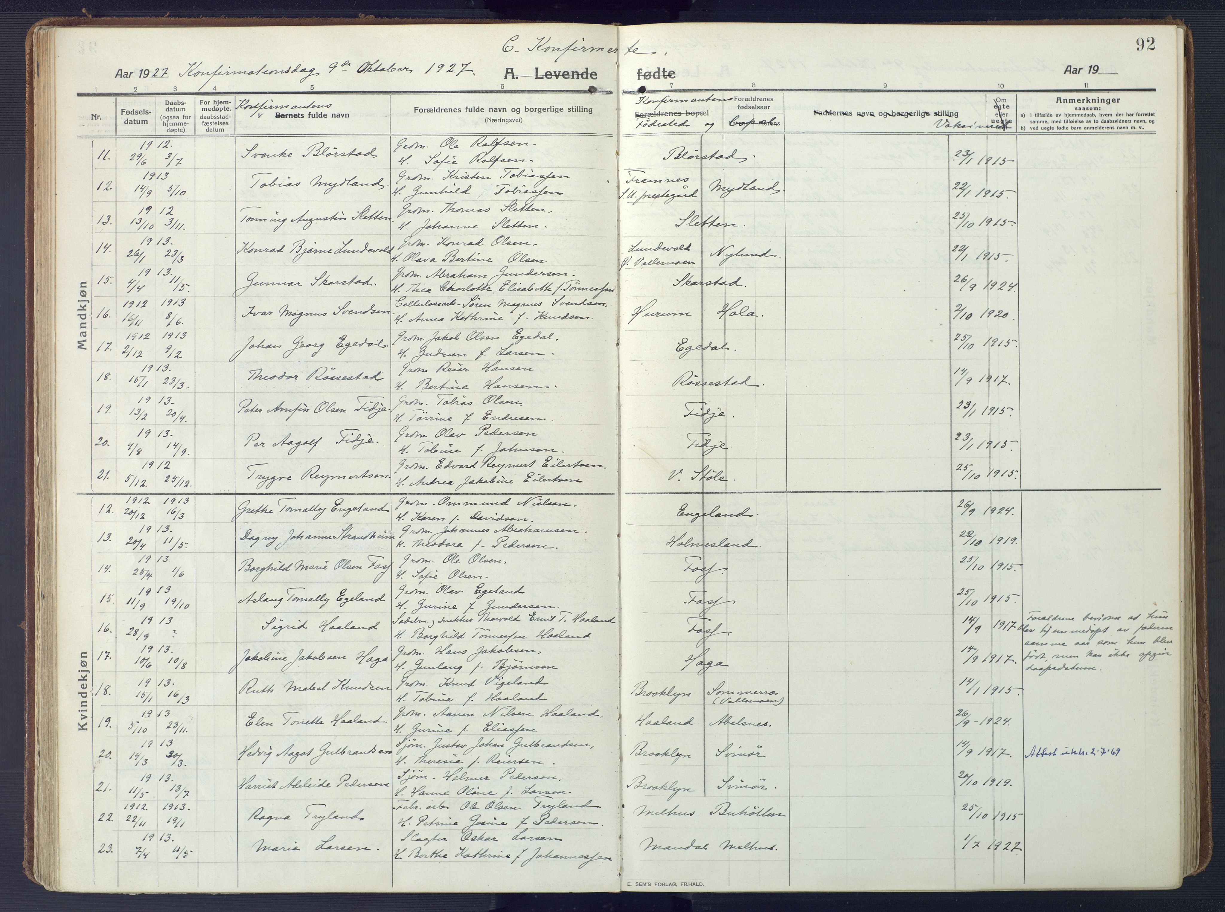 Sør-Audnedal sokneprestkontor, AV/SAK-1111-0039/F/Fa/Fab/L0011: Ministerialbok nr. A 11, 1912-1938, s. 92