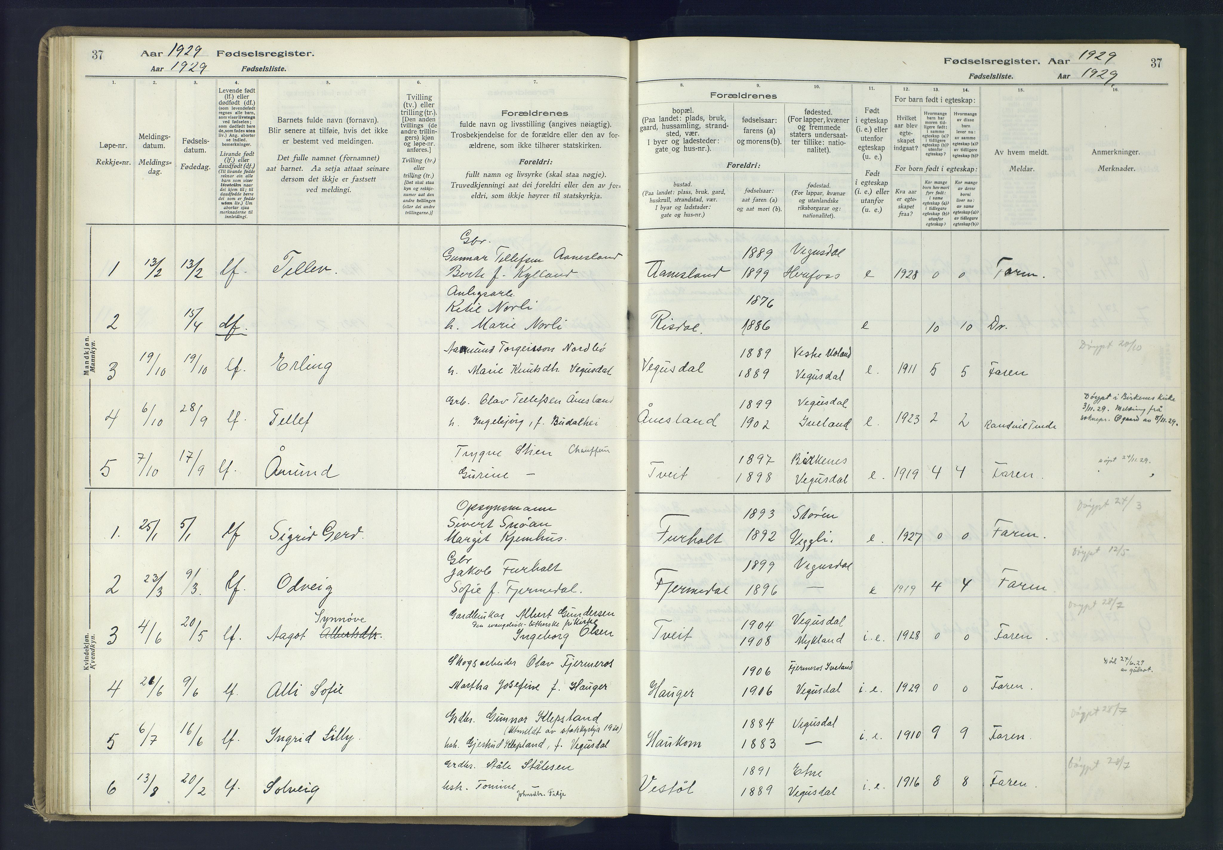 Herefoss sokneprestkontor, AV/SAK-1111-0019/J/Ja/L0002: Fødselsregister nr. II.6.11, 1916-1982, s. 37