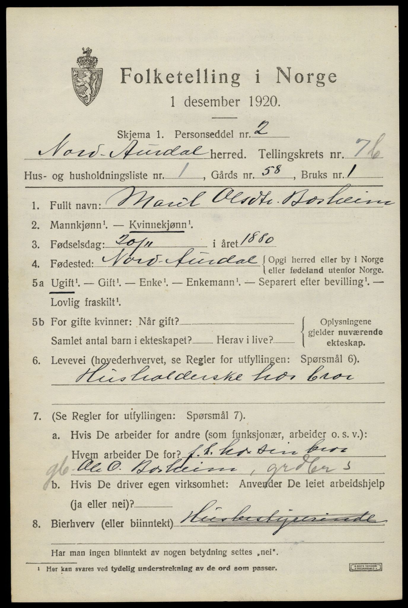 SAH, Folketelling 1920 for 0542 Nord-Aurdal herred, 1920, s. 6660