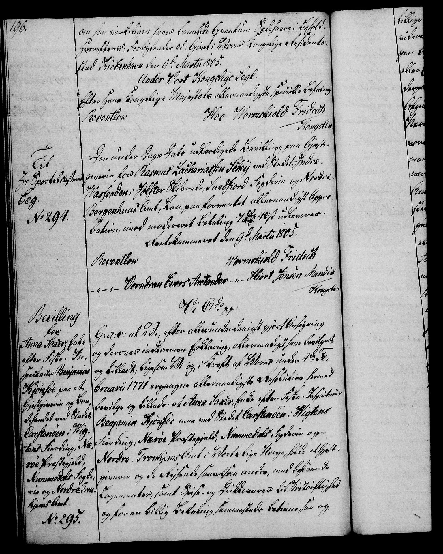 Rentekammeret, Kammerkanselliet, RA/EA-3111/G/Gg/Gga/L0018: Norsk ekspedisjonsprotokoll med register (merket RK 53.18), 1804-1806, s. 196