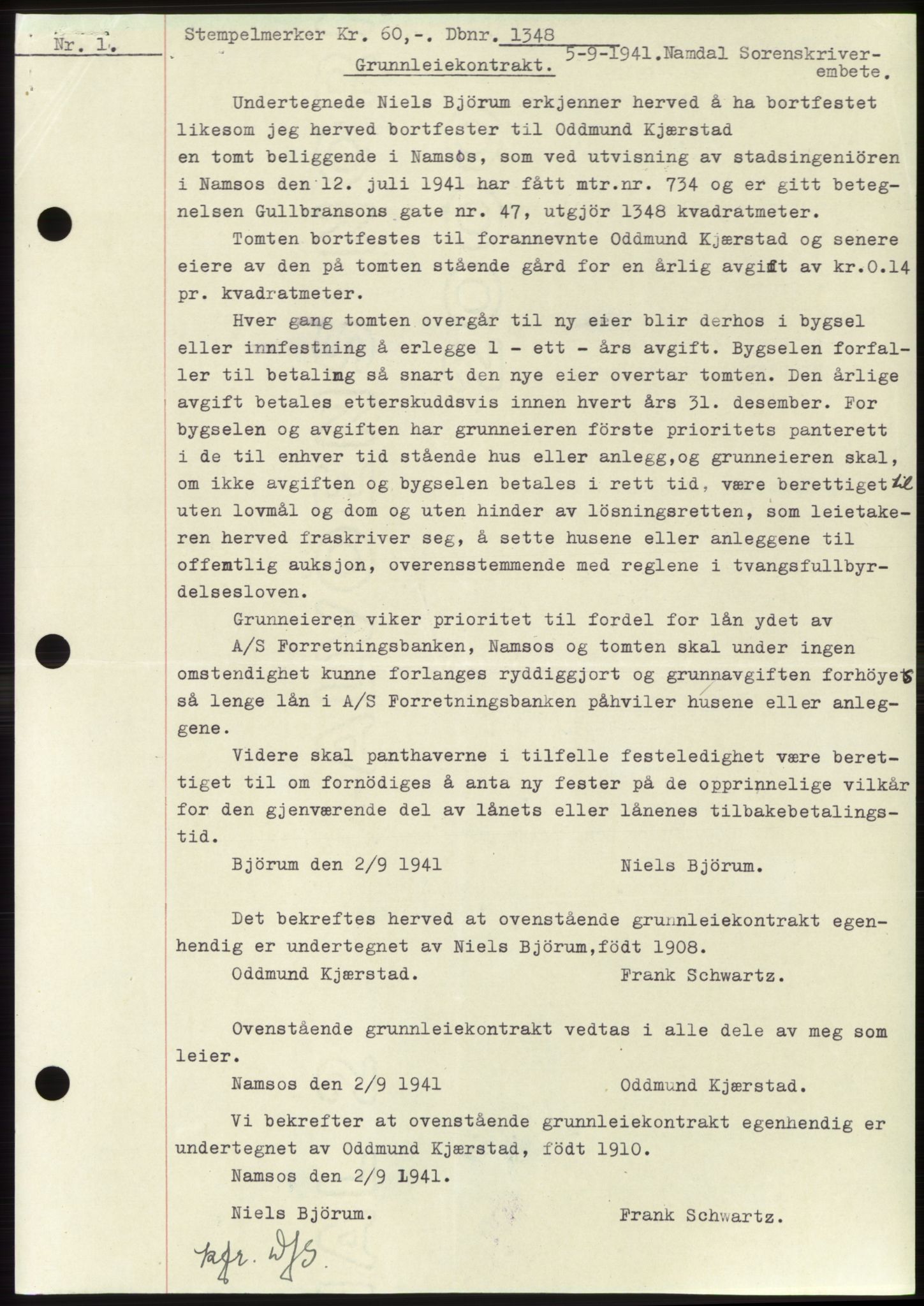 Namdal sorenskriveri, SAT/A-4133/1/2/2C: Pantebok nr. -, 1941-1942, Dagboknr: 1348/1941