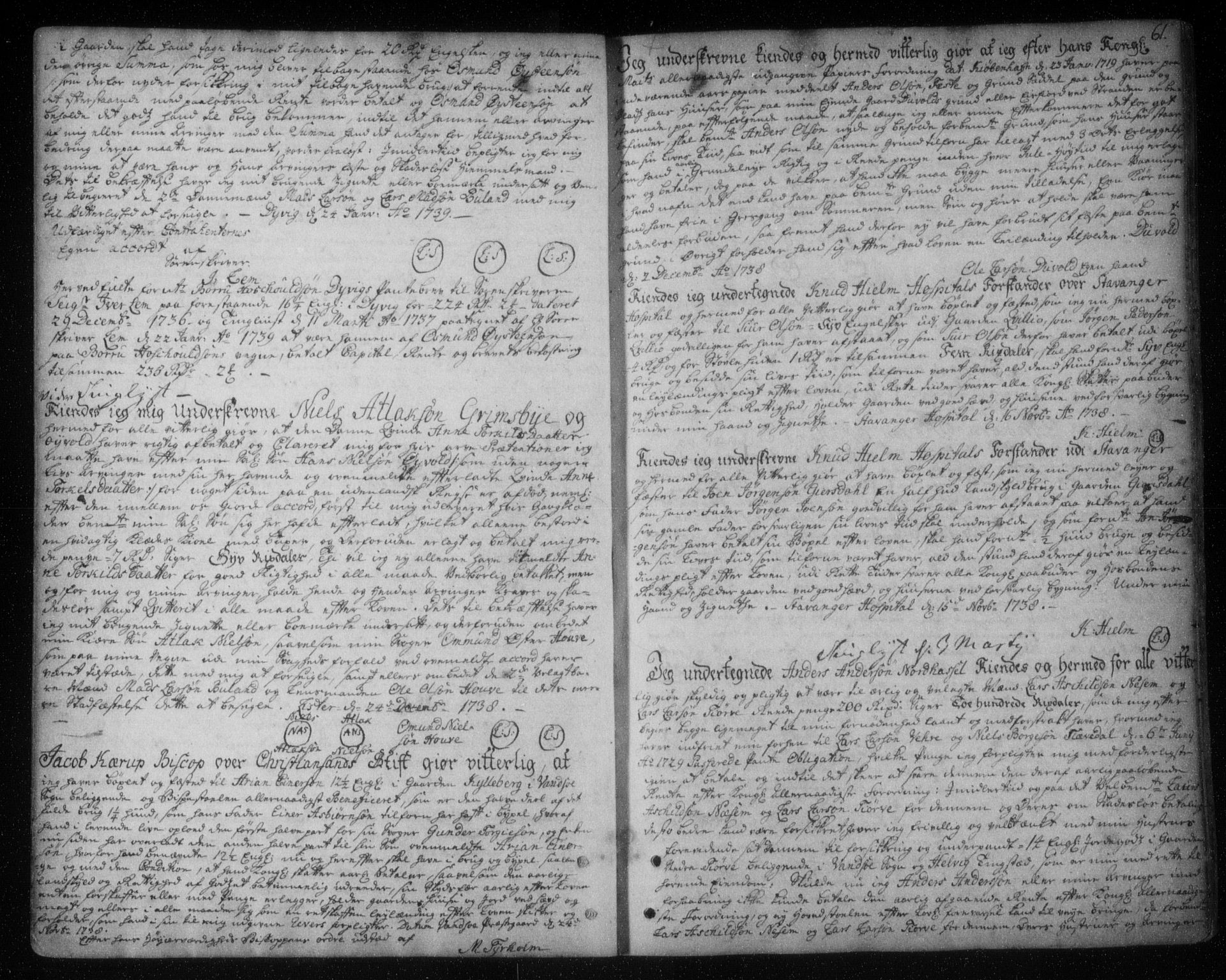 Lister sorenskriveri, SAK/1221-0003/G/Gb/L0003: Pantebok nr. 2, 1738-1744, s. 61
